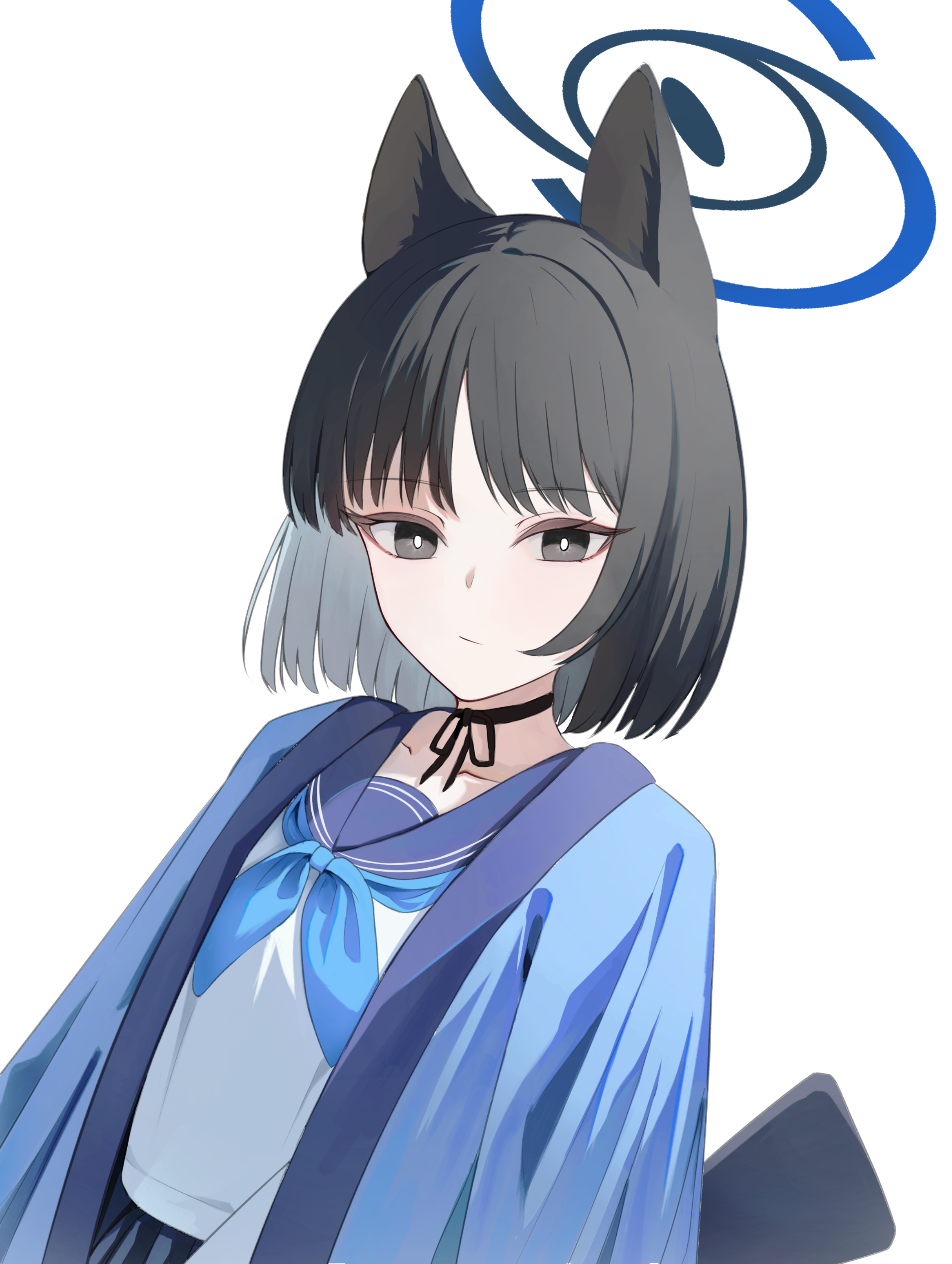 kikyou (blue archive), blue archive, absurdres, highres, 1girl, animal ears, black choker, black eyes, black hair, blue halo, blue jacket, blue neckerchief, blue sailor collar, cat ears, cat girl, choker, closed mouth, halo, jacket, japanese clothes, long sleeves, looking at viewer, neckerchief, rondontakosu1, sailor collar, school uniform, serafuku, short hair, skirt, solo, white background