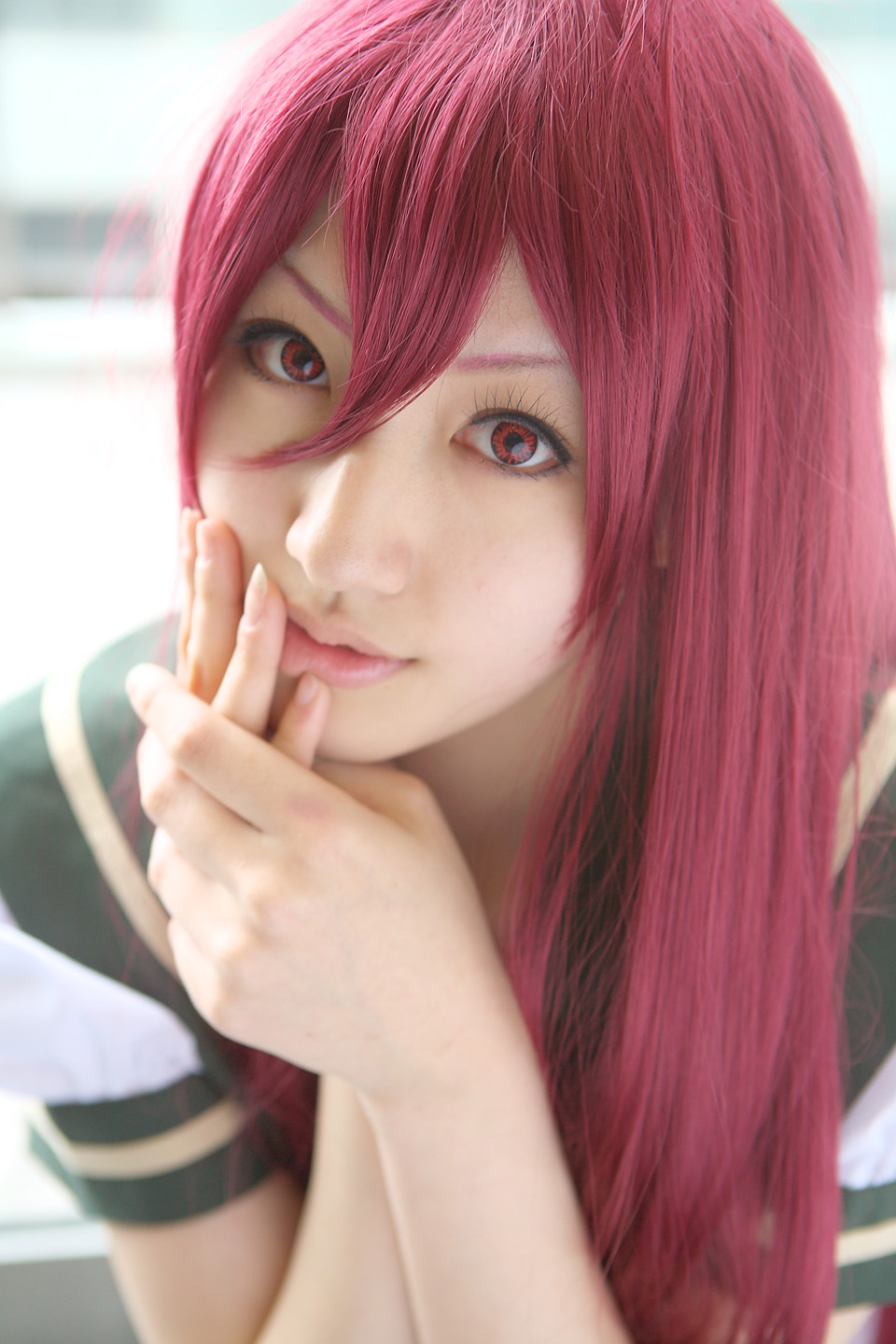 saya (cosplayer), shana, shakugan no shana, highres, photo (medium), cosplay, red hair, sailor, school uniform, serafuku