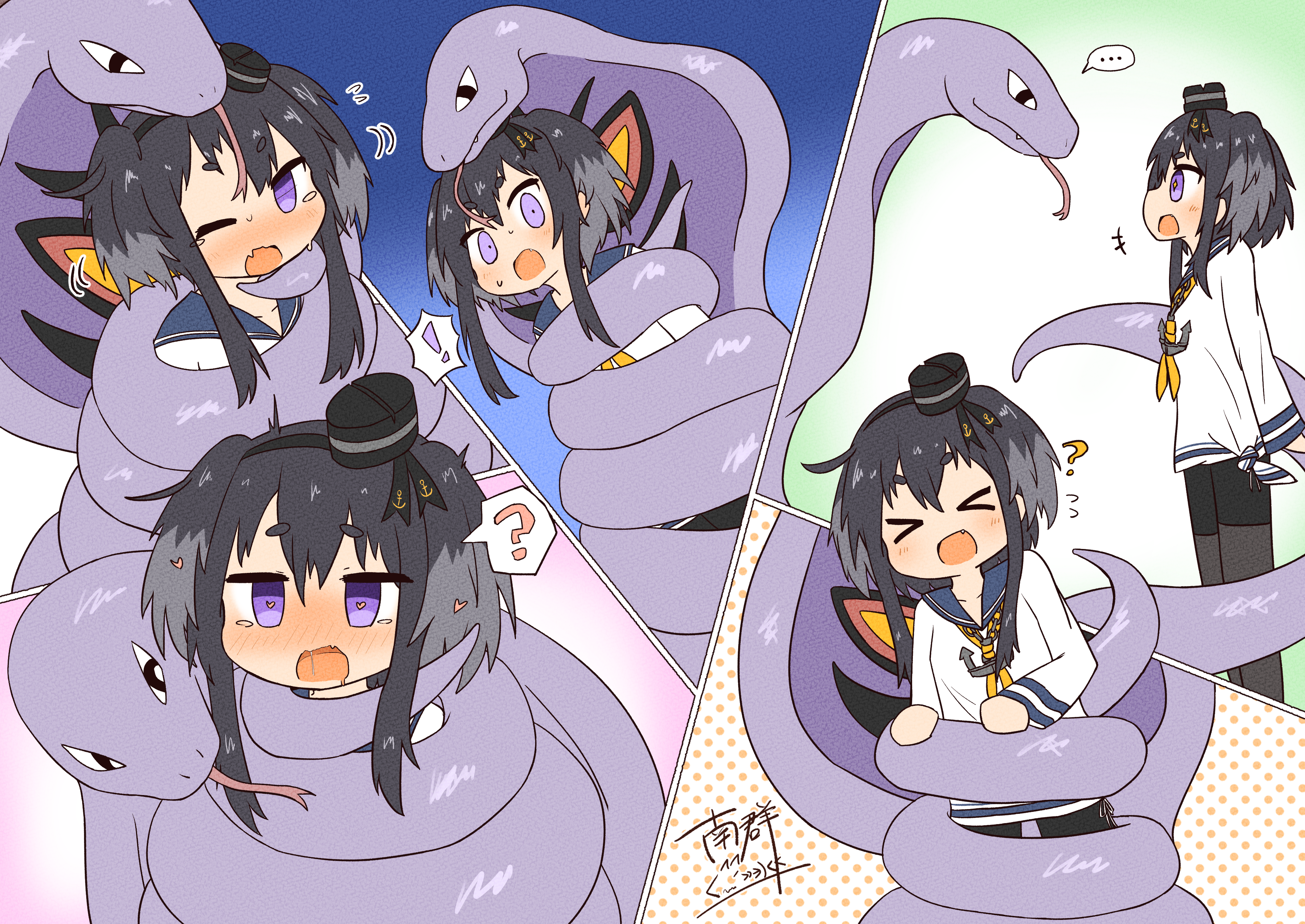 moon sugar, arbok, tokitsukaze (kancolle), kantai collection, nintendo, pokemon, absurdres, commentary request, commission, highres, skeb commission, !, > <, …, 1girl, ?, anchor symbol, black hair, black pantyhose, blue sailor collar, blush, constriction, crossover, dress, fang, flying sweatdrops, forked tongue, gen 1 pokemon, grey hair, heart, heart-shaped pupils, long sleeves, multicolored hair, multiple views, one eye closed, open mouth, pantyhose, pokemon (creature), puffy short sleeves, puffy sleeves, purple eyes, sailor collar, sailor dress, saliva, short hair with long locks, short sleeves, signature, simple background, spoken ellipsis, spoken exclamation mark, spoken question mark, symbol-shaped pupils, tongue, white dress