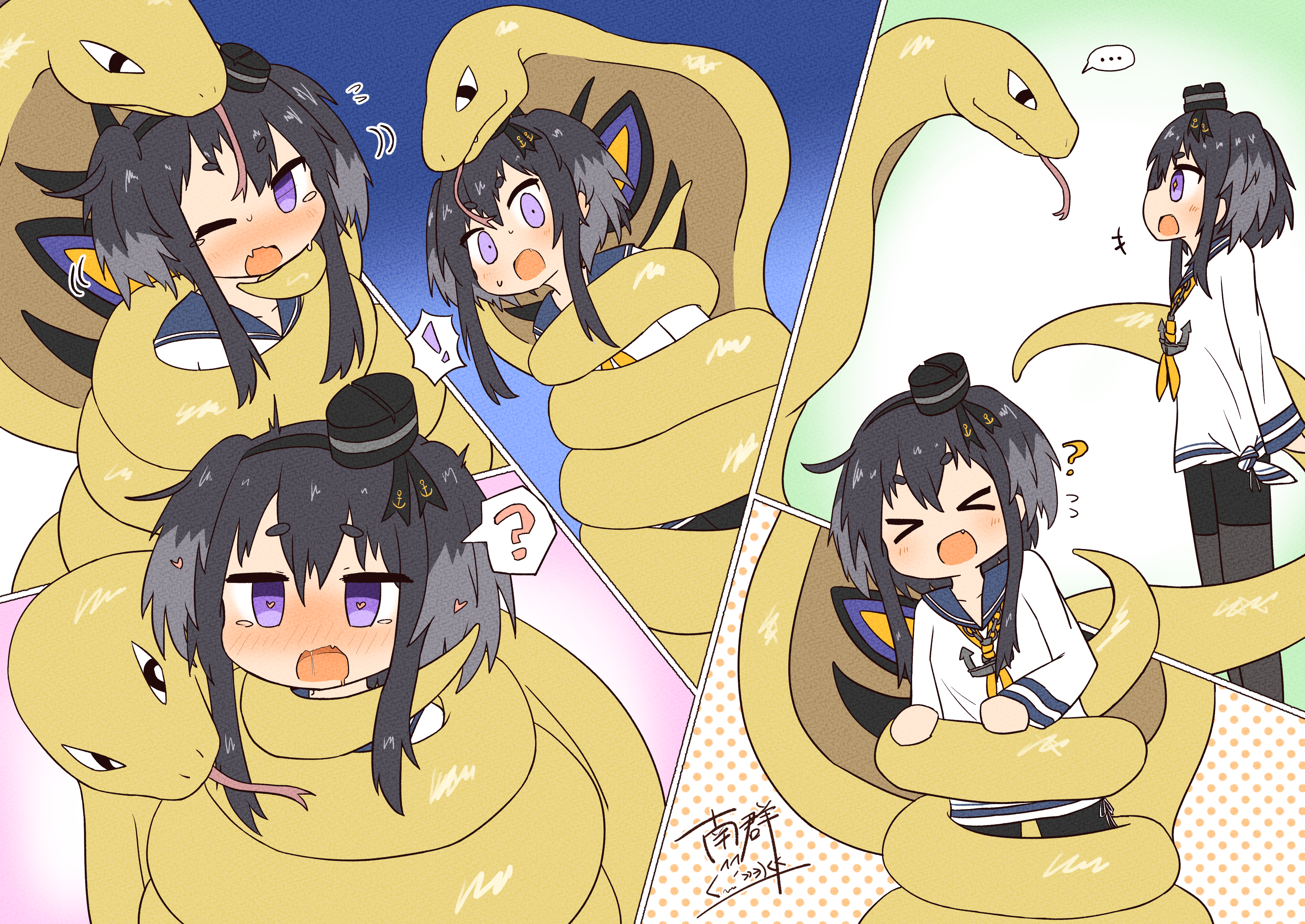 moon sugar, arbok, tokitsukaze (kancolle), kantai collection, nintendo, pokemon, absurdres, commentary request, commission, highres, skeb commission, !, > <, …, 1girl, ?, alternate color, anchor symbol, black hair, black pantyhose, blue sailor collar, blush, constriction, crossover, dress, fang, flying sweatdrops, forked tongue, gen 1 pokemon, grey hair, heart, heart-shaped pupils, long sleeves, multicolored hair, multiple views, one eye closed, open mouth, pantyhose, pokemon (creature), puffy short sleeves, puffy sleeves, purple eyes, sailor collar, sailor dress, saliva, shiny pokemon, short hair with long locks, short sleeves, signature, simple background, spoken ellipsis, spoken exclamation mark, spoken question mark, symbol-shaped pupils, tongue, white dress