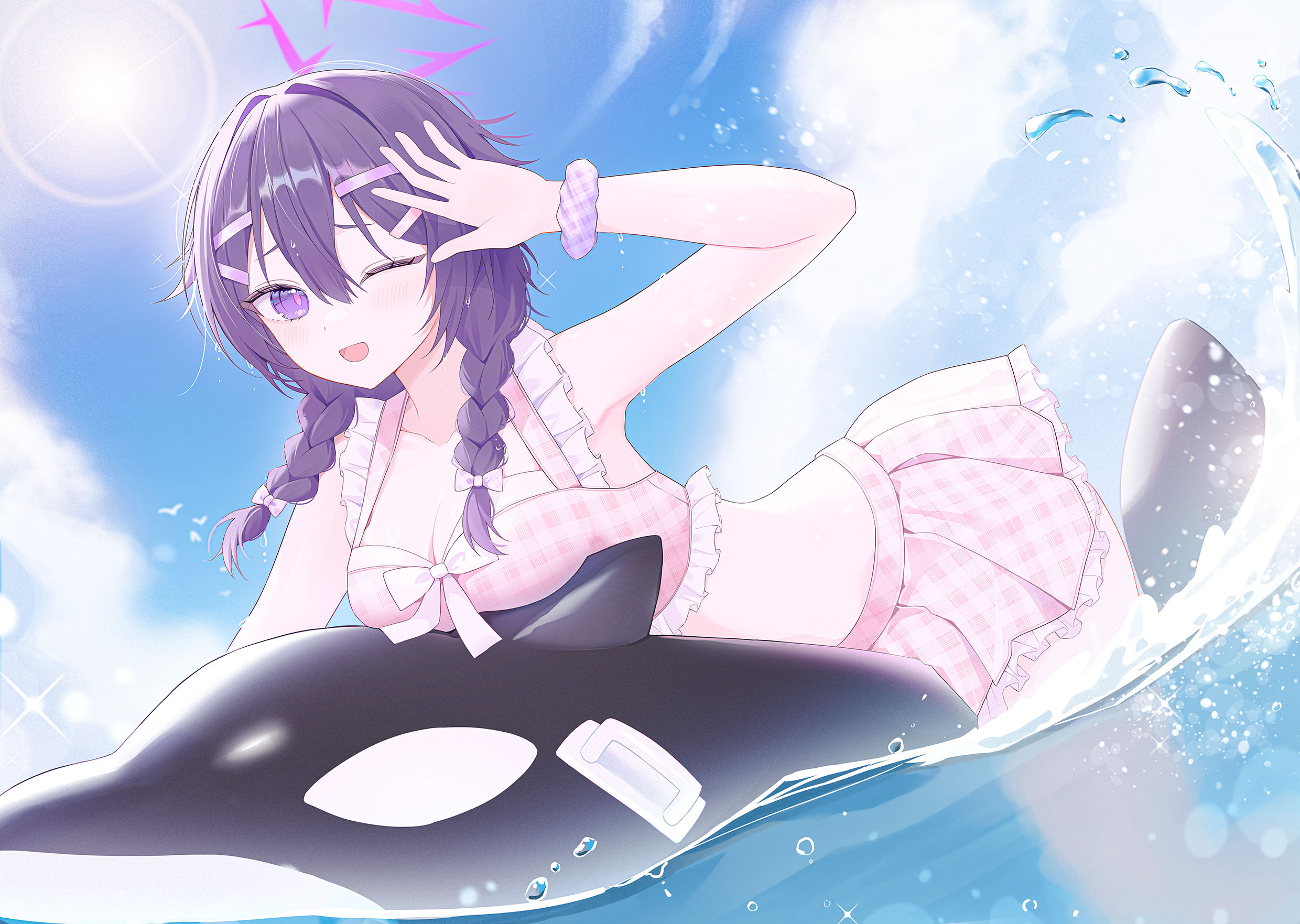 yagen (user mxur3238), haruna (blue archive), blue archive, 1girl, alternate costume, alternate hairstyle, bikini, blue sky, braid, breasts, cloud, cloudy sky, dolphin, halo, medium breasts, one eye closed, purple eyes, purple hair, sky, solo, swimsuit, twin braids
