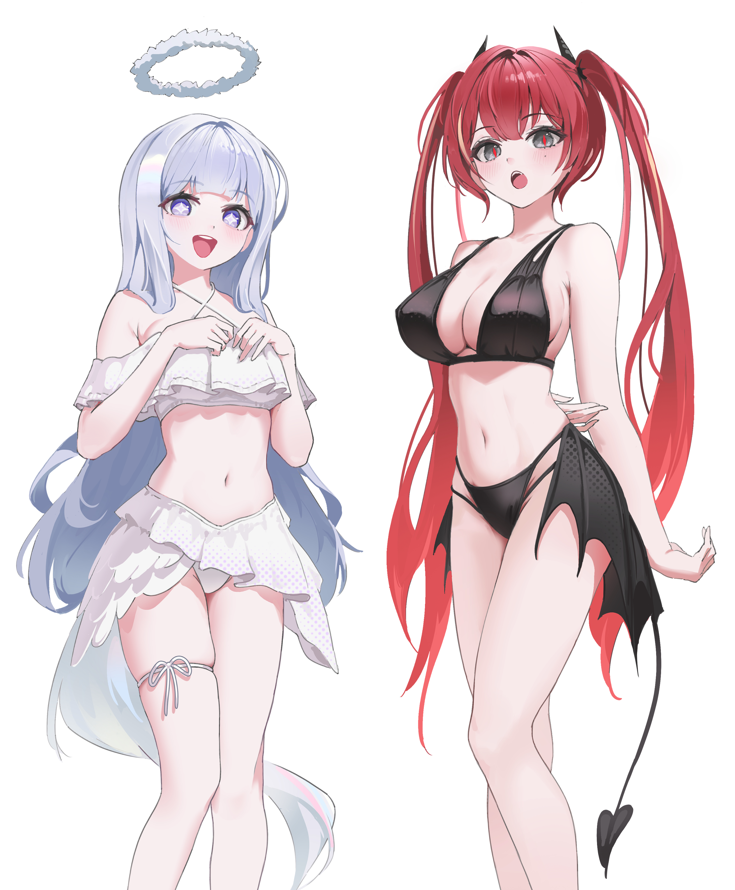 thumbsup stella, akane lize, ayatsuno yuni, stellive, absurdres, commentary, highres, symbol-only commentary, 2girls, :o, bikini, black bikini, black horns, black wings, blunt bangs, blush, breasts, demon girl, demon tail, demon wings, dot nose, feet out of frame, grey eyes, grey hair, grey halo, halo, horns, large breasts, long hair, low wings, mole, mole under eye, multi-strapped bikini bottom, multiple girls, navel, open mouth, purple eyes, red hair, red pupils, ruffle bikini, simple background, skindentation, slit pupils, smile, standing, star-shaped pupils, star (symbol), stomach, straight hair, swimsuit, symbol-shaped pupils, tail, thigh strap, twintails, very long hair, virtual youtuber, white background, white bikini, wings