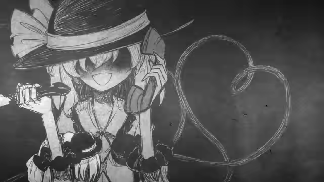 joyfull (terrace), komeiji koishi, touhou, urban legend in limbo, commentary request, 1girl, :d, bow, buttons, corded phone, diamond button, eyeball, frilled shirt collar, frilled sleeves, frills, greyscale, hair between eyes, hands up, hat, hat bow, hat ribbon, heart, heart of string, holding, holding knife, holding phone, horror (theme), knife, long sleeves, looking at viewer, monochrome, open mouth, phone, ribbon, shaded face, shirt, short hair, smile, solo, talking on phone, third eye, upper body, wide sleeves