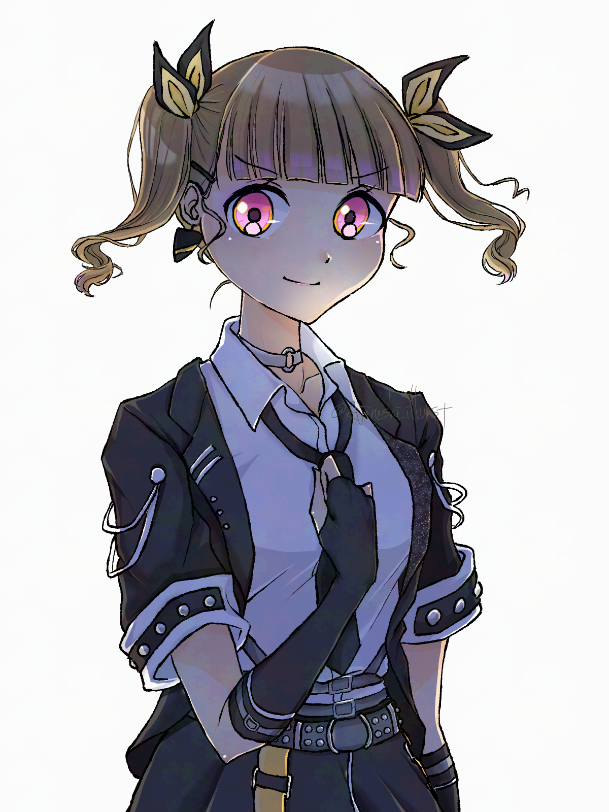 ajirushi, kachimachi kosuzu, link! like! love live!, love live!, commentary request, highres, >:), 1girl, black gloves, black jacket, black necktie, black skirt, closed mouth, collared shirt, dress shirt, earrings, elbow gloves, fingerless gloves, floating hair, gloves, hair ornament, hairclip, i do me! (love live!), jacket, jewelry, medium hair, necktie, official alternate costume, official alternate hairstyle, open clothes, open jacket, pink eyes, pleated skirt, shirt, short-sleeved jacket, short sleeves, simple background, skirt, smile, solo, split mouth, triangle earrings, twintails, v-shaped eyebrows, virtual youtuber, white background, white shirt