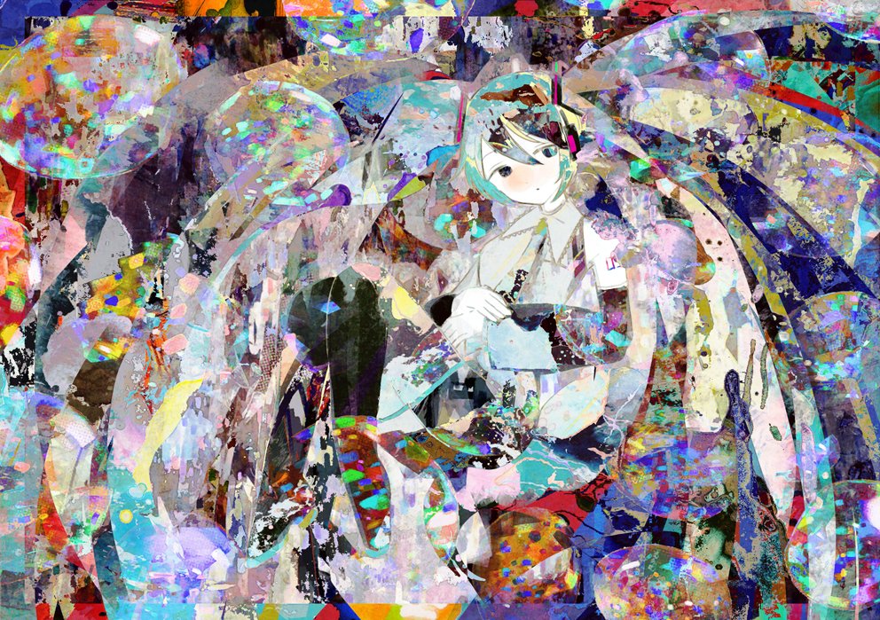 tsukamoto anabone, hatsune miku, vocaloid, 1girl, abstract, abstract background, aqua hair, bare shoulders, black skirt, black sleeves, black thighhighs, boots, collared shirt, colorful, detached sleeves, floating hair, grey shirt, hair between eyes, hair ornament, head tilt, headphones, long hair, looking at viewer, necktie, pleated skirt, shirt, sitting, skirt, sleeveless, sleeveless shirt, solo, thigh boots, thighhighs, twintails, very long hair