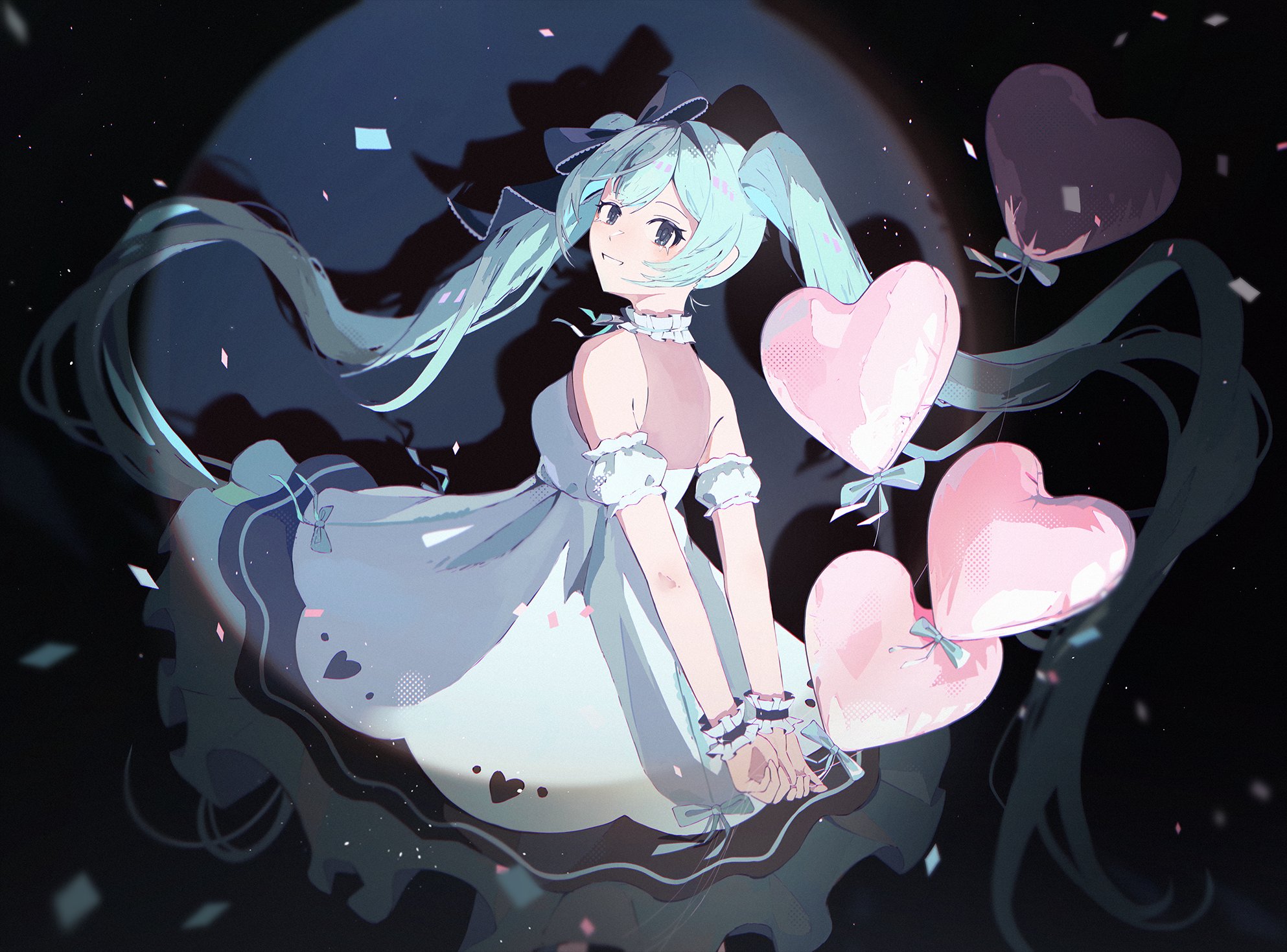 tiredghost, hatsune miku, vocaloid, highres, 1girl, aqua hair, arms behind back, balloon, bare shoulders, bow, choker, closed mouth, confetti, detached sleeves, dress, floating hair, frills, from behind, heart, heart balloon, holding, long hair, looking at viewer, looking back, ribbon, shadow, short sleeves, sleeveless, sleeveless dress, smile, solo, spotlight, twintails, very long hair, white dress, wrist cuffs