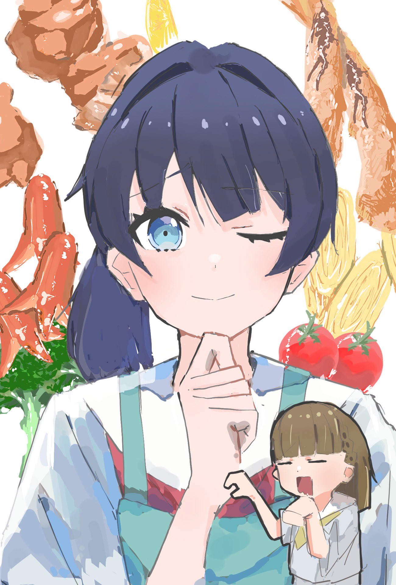 zen66574227, kachimachi kosuzu, murano sayaka, link! like! love live!, love live!, commentary request, highres, 2girls, ;), apron, aqua apron, blue eyes, braid, broccoli, brown hair, center-flap bangs, closed eyes, closed mouth, dress, food, food-themed background, food art, grey dress, hair intakes, hand on own chin, hasu no sora school uniform, multiple girls, neckerchief, omelet, one eye closed, open mouth, ponytail, raised eyebrow, red neckerchief, sailor collar, sailor dress, school uniform, short sleeves, side braids, smile, split mouth, summer uniform, tako-san wiener, tamagoyaki, tomato, virtual youtuber, white sailor collar, yellow neckerchief