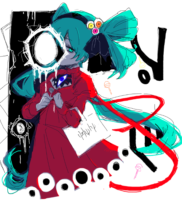 3h3983, hatsune miku, psi (vocaloid), vocaloid, 1girl, aqua eyes, aqua hair, bag, black hairband, brooch, colored skin, cowboy shot, dress, eyeball, hair over one eye, hair ribbon, hairband, hands up, jewelry, long hair, looking at viewer, one eye covered, puffy sleeves, red dress, red ribbon, red shirt, red skirt, ribbon, shirt, sketch, skirt, solo skirt, very long hair, white background