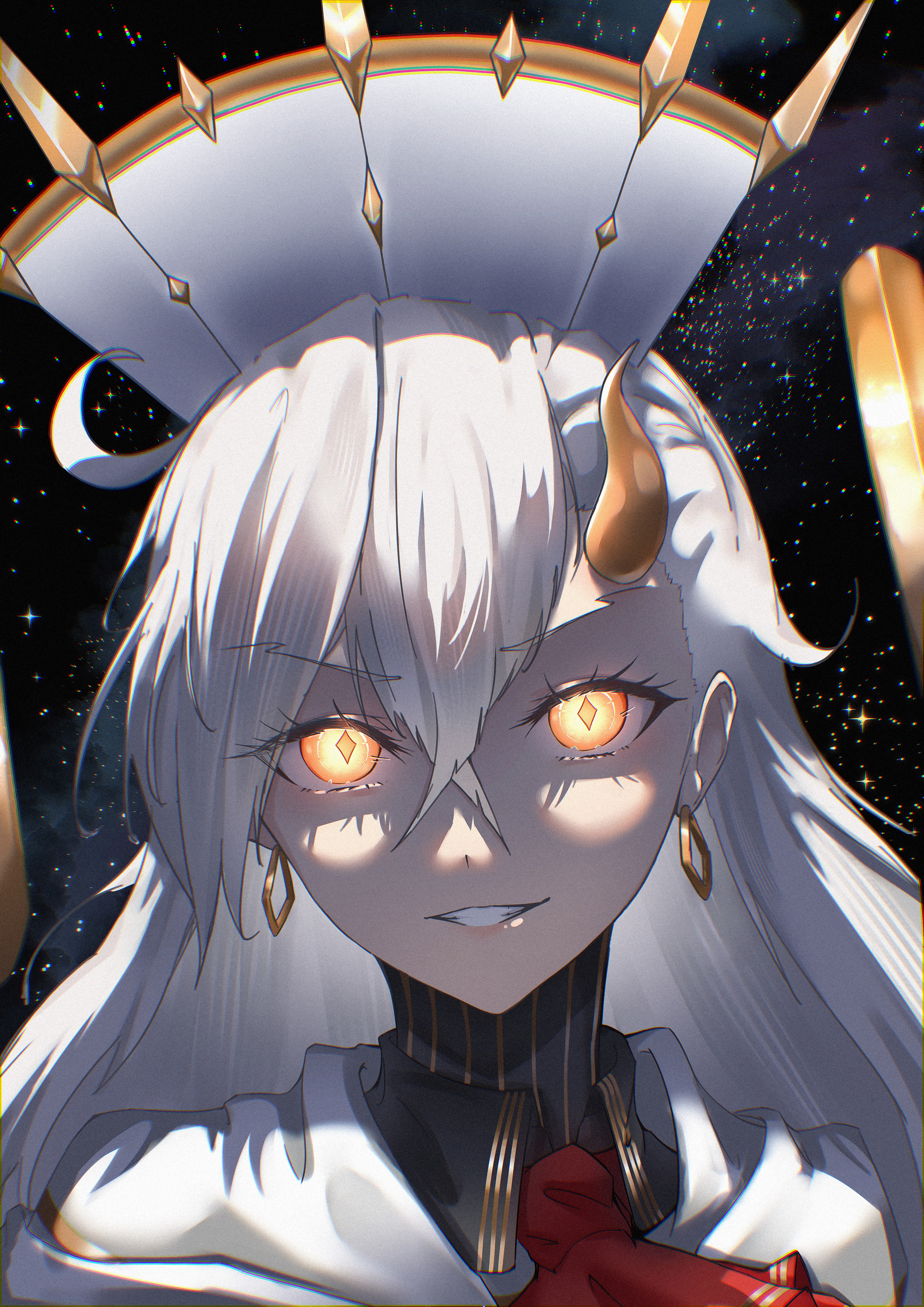 fyrlia2, olga marie animusphere, u-olga marie, u-olga marie (second ascension), fate/grand order, fate (series), absurdres, commentary request, highres, 1girl, ascot, crossed bangs, earrings, gold trim, grin, hair between eyes, hat, horns, jewelry, long hair, looking at viewer, red ascot, single horn, smile, solo, star (sky), symbol-shaped pupils, white hair, white hat, yellow horns