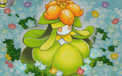 saitou naoki, lilligant, petilil, nintendo, pokemon, pokemon tcg, official art, third-party source, 1girl, blue flower, flower, gen 5 pokemon, grass, monster girl, orange eyes, orange flower, outdoors, plant girl, pokemon (creature), pokemon focus, solo focus