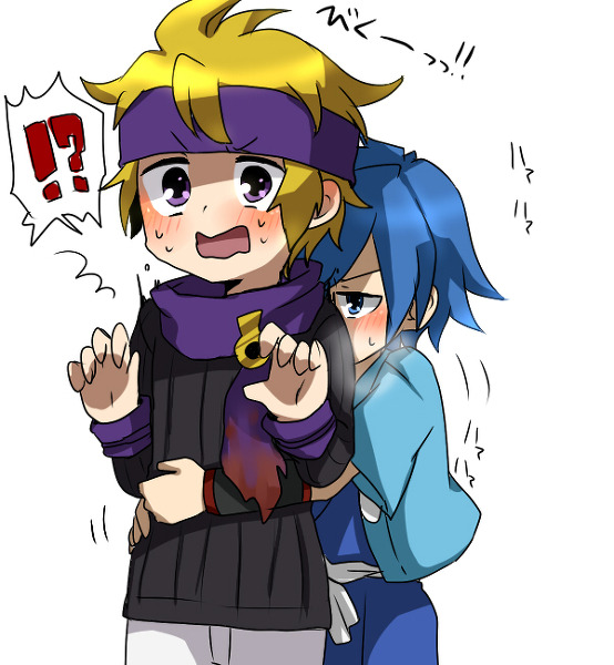 falkner (pokemon), morty (pokemon), nintendo, pokemon, pokemon gsc, pokemon hgss, artist request, !?, armband, bandana, black shirt, blonde hair, blue eyes, blue hair, blush, ear blush, hug, hug from behind, japanese clothes, motion lines, multiple boys, pants, purple eyes, scarf, shipping (fandom), shirt, speech bubble, surprise hug, surprised, sweatdrop, wavy hair, wavy mouth, white background, white pants, yaoi