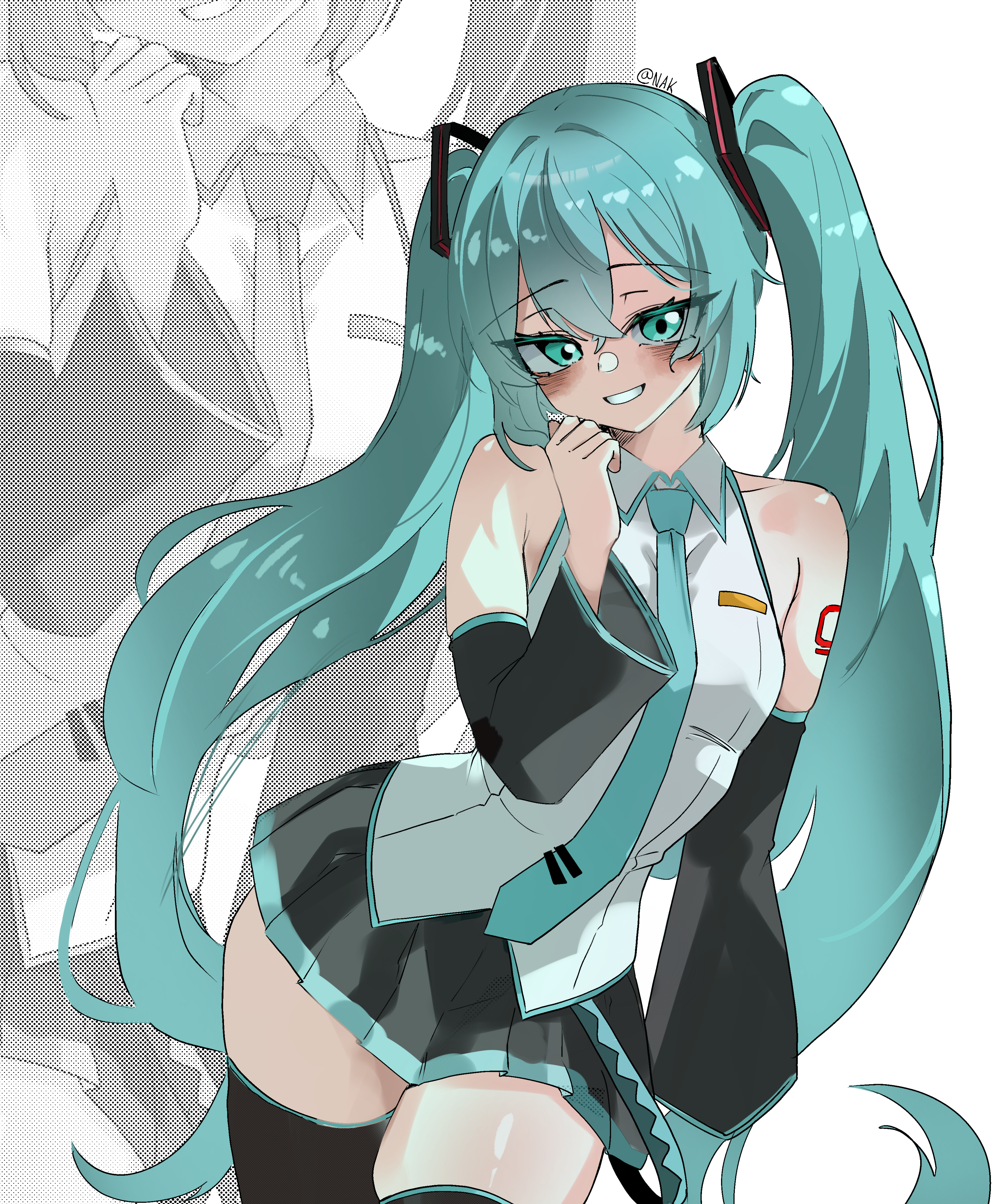 user aupz7532, hatsune miku, vocaloid, absurdres, highres, 1girl, aqua eyes, aqua hair, aqua necktie, bare shoulders, black skirt, black sleeves, black thighhighs, blush, breasts, collared shirt, contrapposto, cowboy shot, detached sleeves, grin, hair between eyes, hair ornament, hand up, long hair, looking at viewer, miniskirt, necktie, number tattoo, pleated skirt, shirt, simple background, skindentation, skirt, sleeveless, sleeveless shirt, smile, solo, tattoo, thighhighs, thighs, twintails, very long hair, white background, white shirt, zettai ryouiki, zoom layer