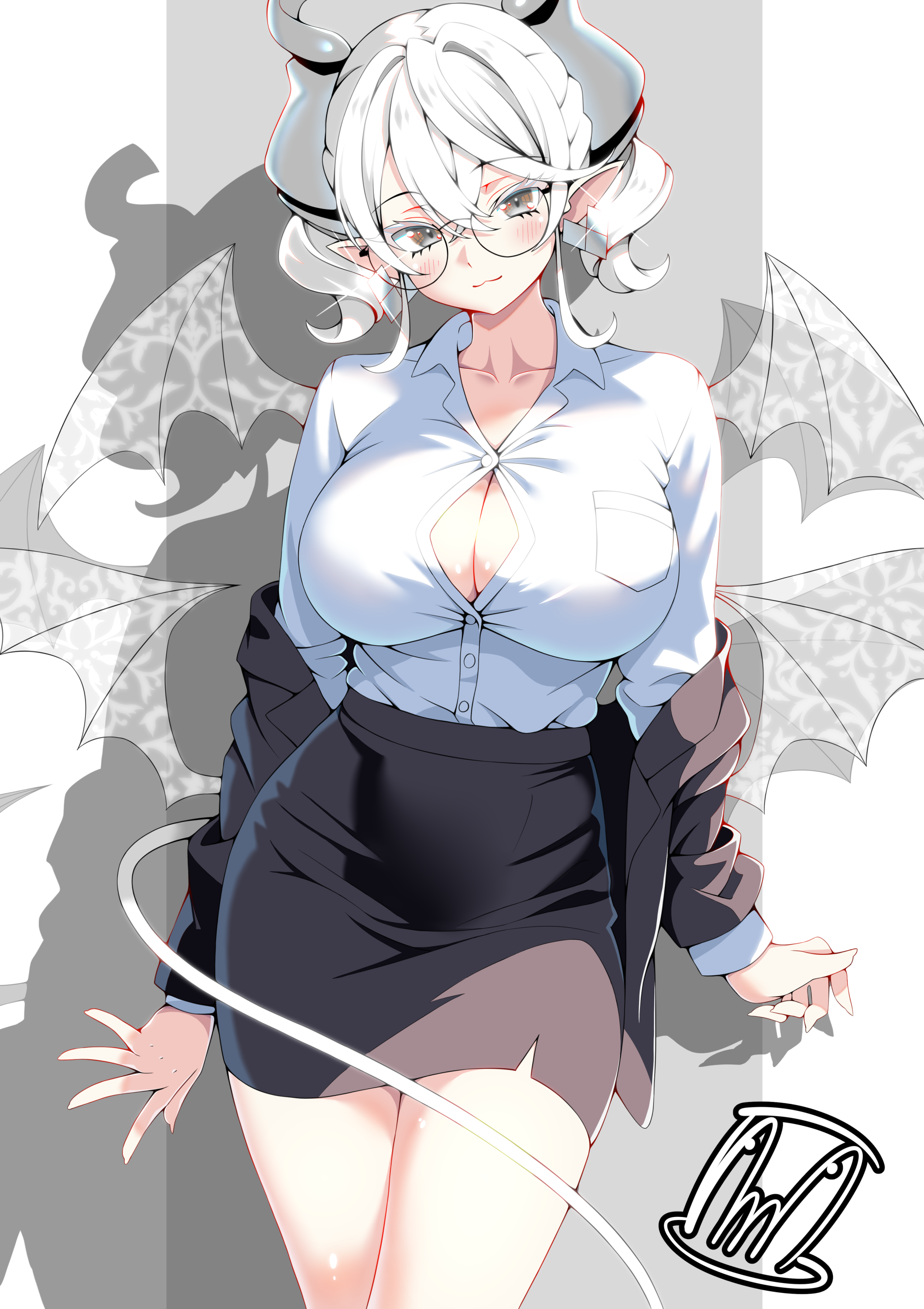 tama amata, lovely labrynth of the silver castle, yu-gi-oh!, absurdres, commentary request, highres, :3, alternate costume, bespectacled, black jacket, black skirt, border, breasts, brown eyes, cleavage, closed mouth, cowboy shot, crossed bangs, demon girl, demon horns, demon tail, demon wings, drill hair, duel monster, earrings, glasses, grey background, head tilt, horns, imminent wardrobe malfunction, jacket, jewelry, large breasts, light blush, light smile, long sleeves, looking at viewer, office lady, pointy ears, removing jacket, round eyewear, shirt, short hair, signature, simple background, skirt, tail, twin drills, white border, white hair, white shirt, wings