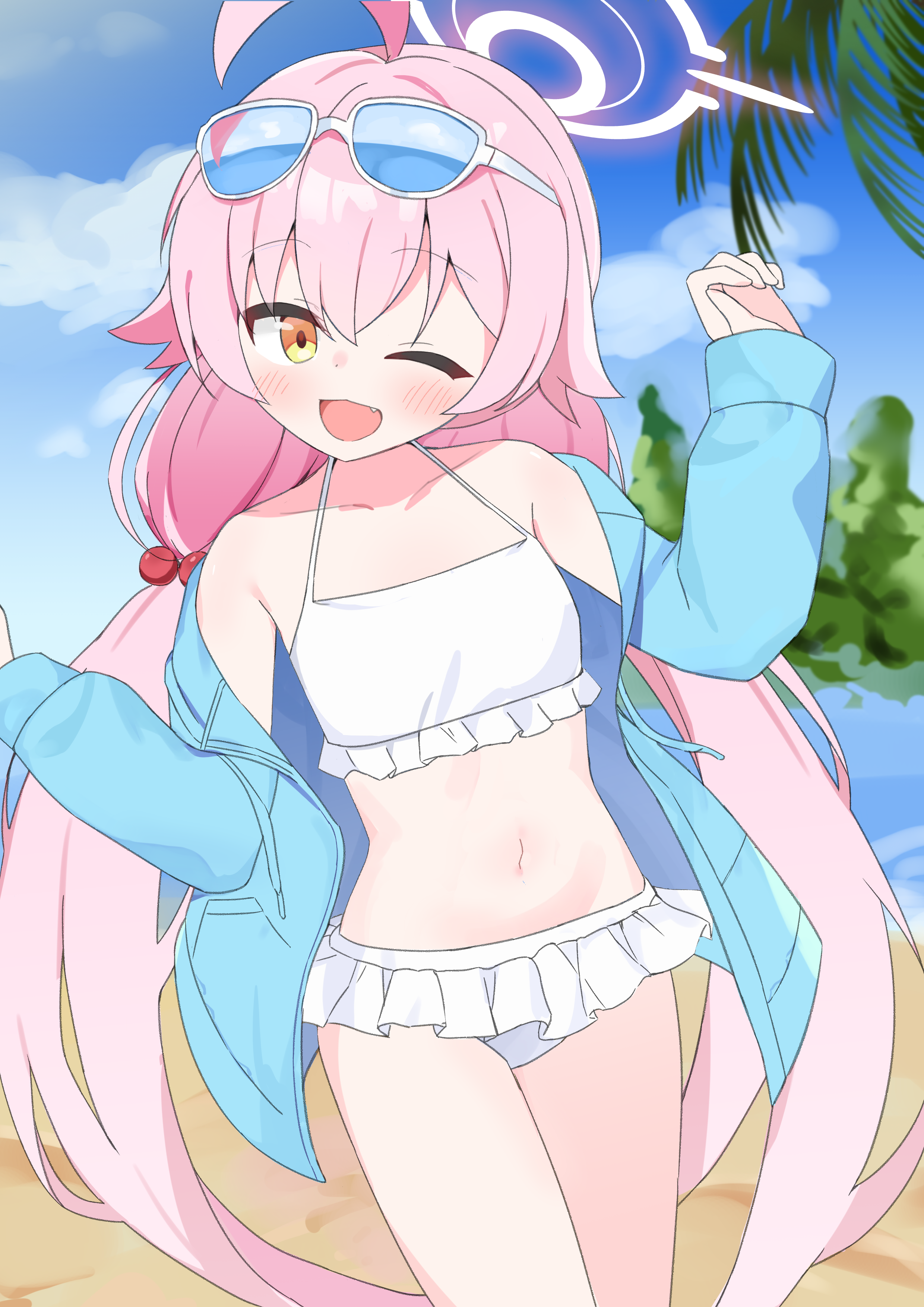carrotswordd, hoshino (blue archive), hoshino (swimsuit) (blue archive), blue archive, absurdres, highres, bare shoulders, blue jacket, breasts, eyewear on head, halo, jacket, looking at viewer, navel, official alternate costume, official alternate hairstyle, one eye closed, pink halo, small breasts, sunglasses, swimsuit, thighs, twintails, yellow eyes