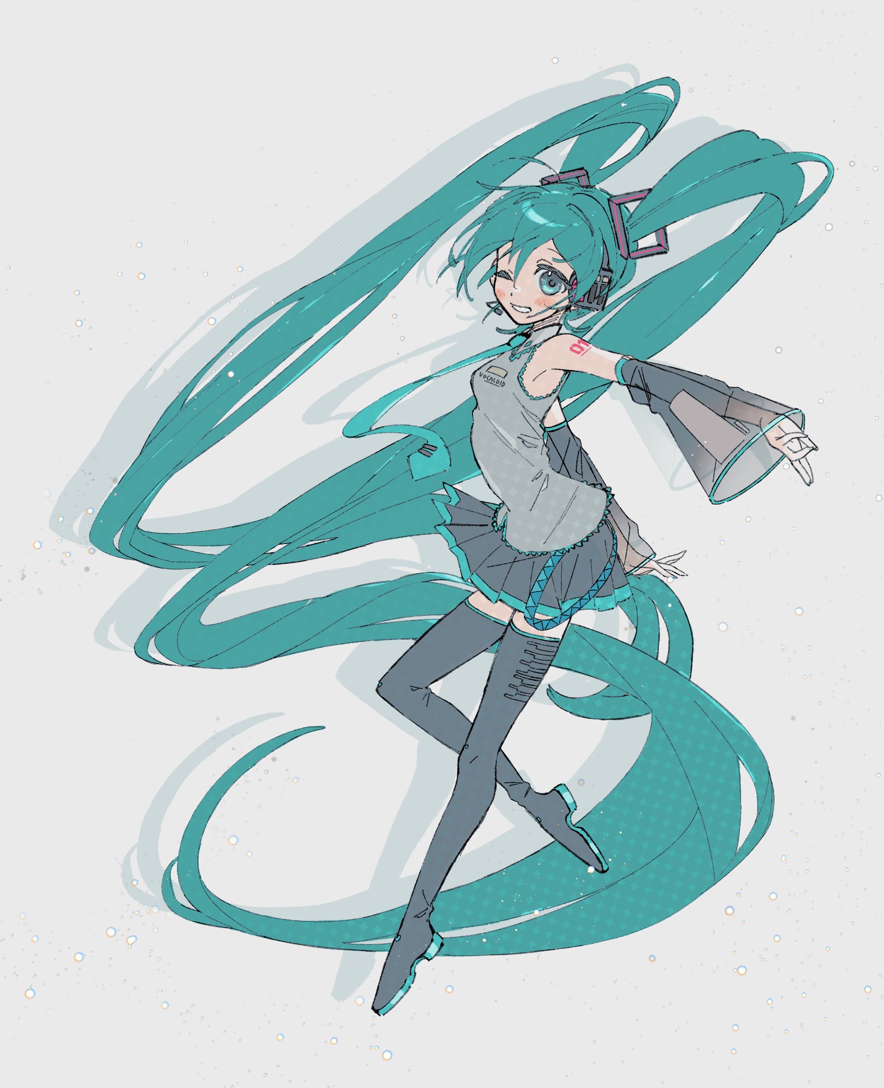 kirawa0, hatsune miku, vocaloid, highres, 1girl, absurdly long hair, aqua eyes, aqua hair, aqua necktie, bare shoulders, black skirt, boots, breasts, detached sleeves, floating hair, full body, grey background, grey shirt, hair between eyes, hair ornament, headset, long hair, looking at viewer, necktie, one eye closed, pleated skirt, see-through clothes, shirt, simple background, skirt, sleeveless, sleeveless shirt, smile, solo, tattoo, thigh boots, thighhighs, twintails, very long hair, white background, zettai ryouiki