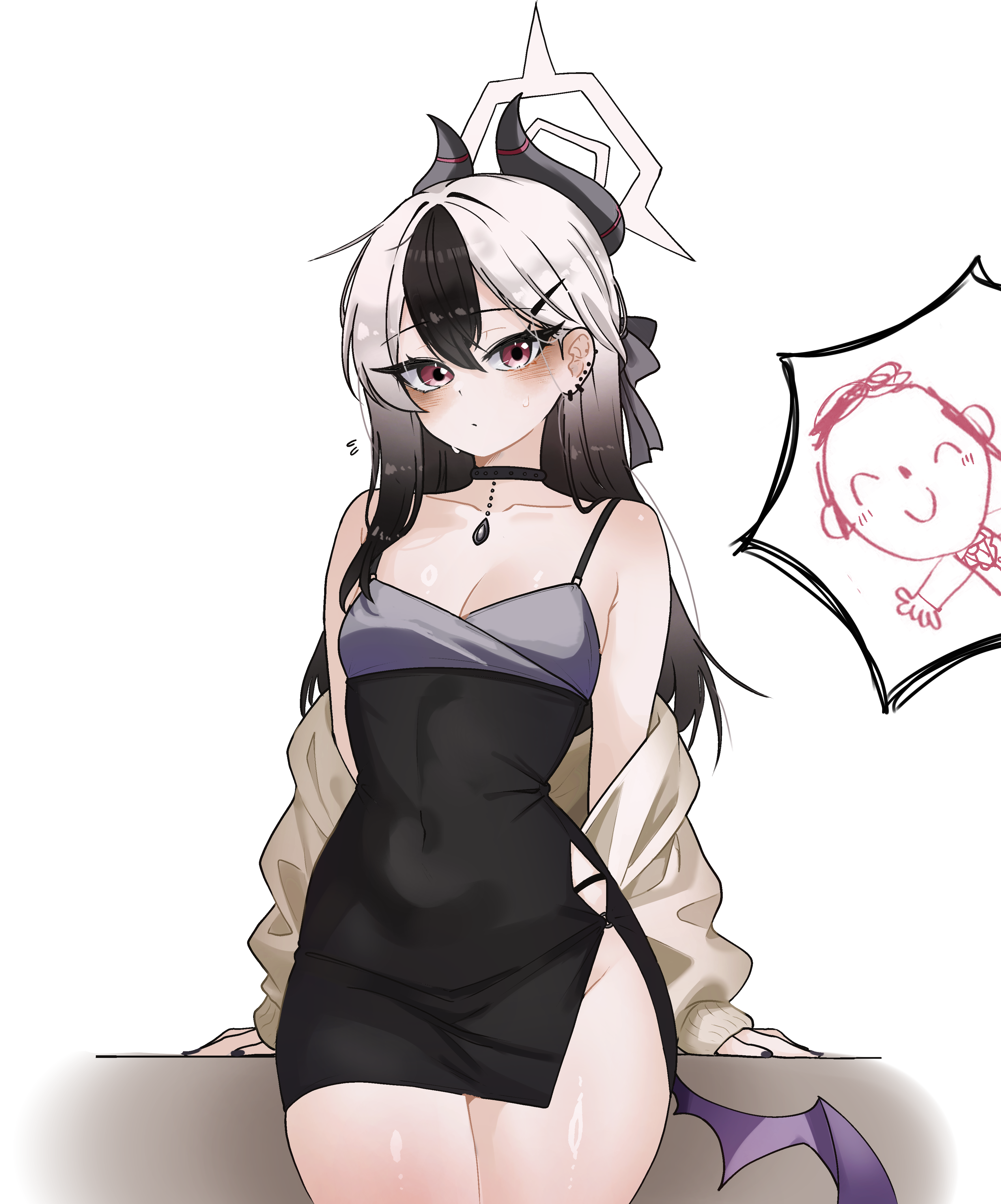 user aupz7532, doodle sensei (blue archive), kayoko (blue archive), kayoko (dress) (blue archive), sensei (blue archive), blue archive, absurdres, highres, 1boy, 1girl, alternate costume, bare shoulders, black choker, black dress, black hair, black horns, blush, breasts, choker, cleavage, closed mouth, collarbone, covered navel, cowboy shot, demon horns, demon wings, dress, ear piercing, earclip, flying sweatdrops, hair between eyes, hair ornament, halo, horns, jewelry, long hair, looking at viewer, low wings, multicolored hair, off shoulder, piercing, red eyes, side slit, simple background, single wing, small breasts, solo focus, two-tone hair, white background, white hair, wings