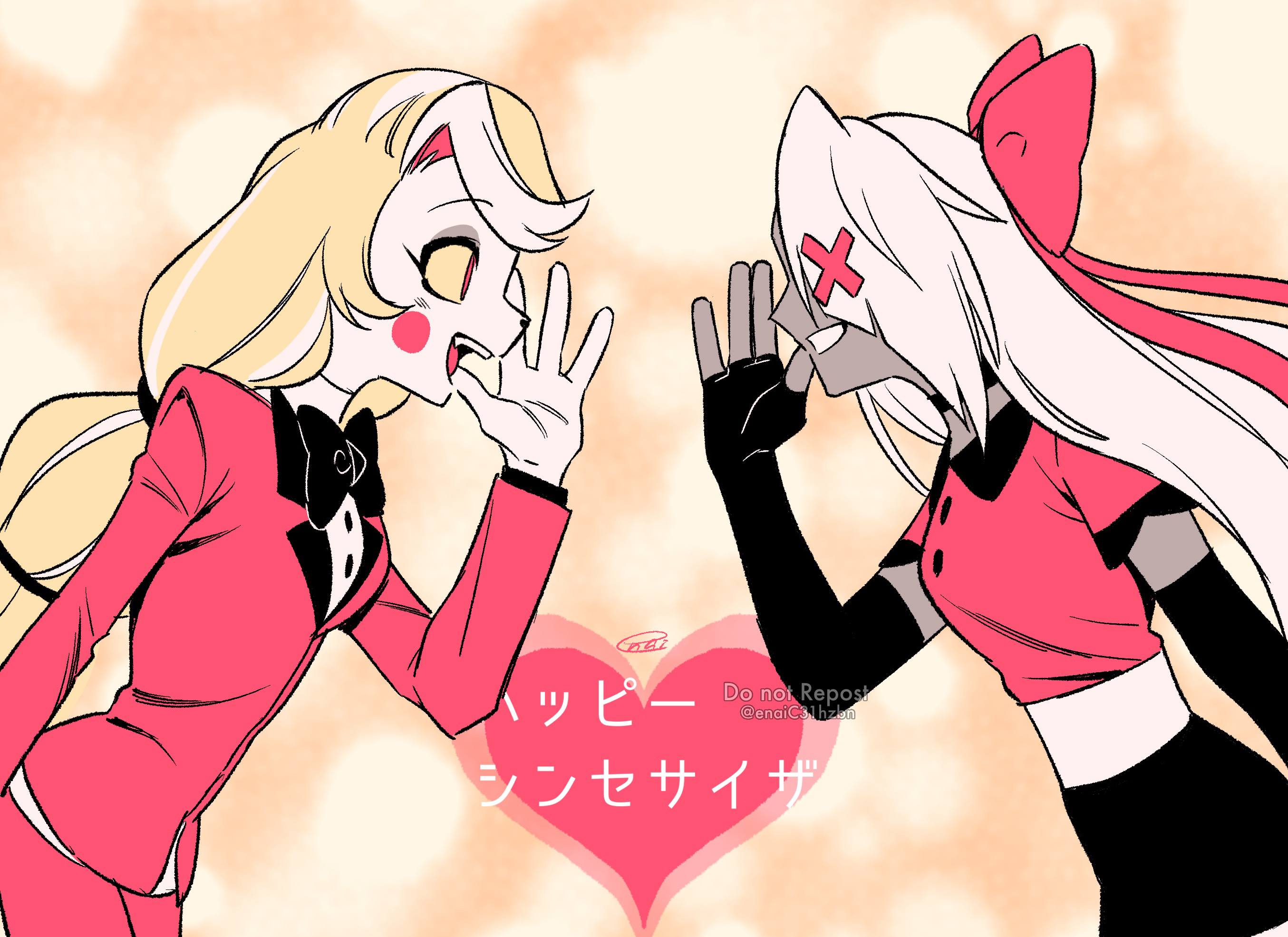 menma (enaic31), charlie morningstar, vaggie, hazbin hotel, hellaverse, commentary request, highres, translation request, 2girls, :d, animal nose, arm at side, belt, black gloves, black skirt, blonde hair, bow, bowtie, breasts, circle facial mark, collared shirt, colored sclera, colored skin, contrast collar, cowboy shot, elbow gloves, face-to-face, fewer digits, fingerless gloves, flat color, frilled sleeves, frills, from side, gloves, grey skin, grin, hair bow, hair over one eye, hair tie, hand up, heart, high contrast, jacket, lapels, layered sleeves, leaning forward, long hair, long sleeves, looking at another, low-tied long hair, multicolored hair, multiple girls, notched lapels, one eye covered, open mouth, pants, pencil skirt, profile, red bow, red bowtie, red eyes, red jacket, red pants, red shirt, shirt, short sleeves, sideways mouth, signature, simple background, skirt, small breasts, smile, standing, streaked hair, teeth, tongue, traditional bowtie, twitter username, upper teeth only, very long hair, watermark, white belt, white hair, white shirt, white skin, yellow background, yellow sclera