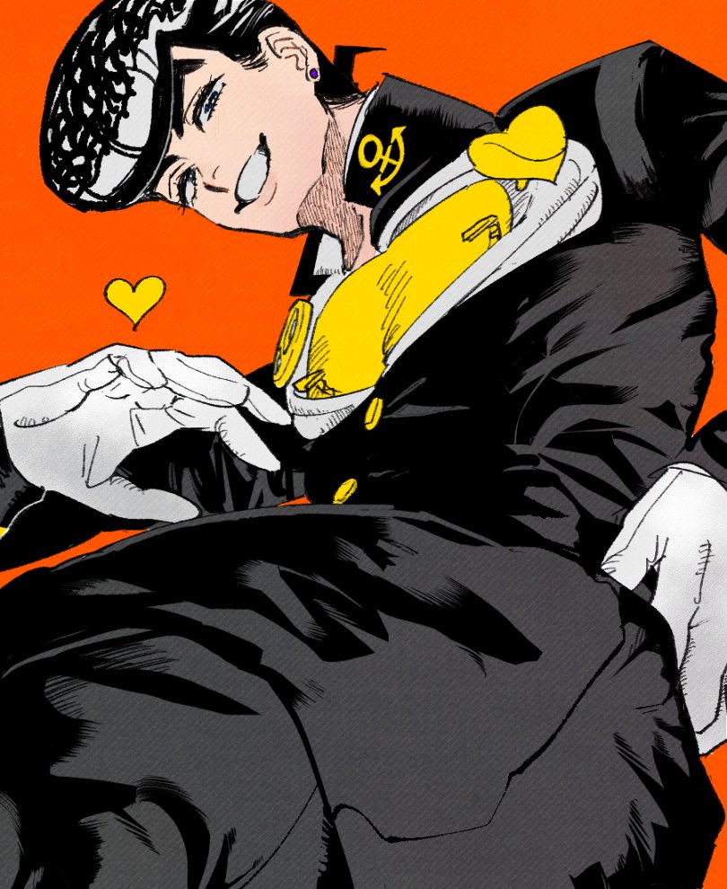tirauraja, higashikata josuke, diamond wa kudakenai, jojo no kimyou na bouken, commentary request, 1boy, anchor symbol, arm up, black hair, black jacket, black pants, buttons, collared jacket, cowboy shot, earrings, gakuran, gloves, grin, hand on own hip, heart, jacket, jewelry, long sleeves, looking at viewer, male focus, open clothes, open collar, open jacket, orange background, pants, peace symbol, piercing, pompadour, school uniform, shirt, short hair, simple background, smile, solo, stud earrings, teeth, white gloves, yellow shirt, zipper pull tab