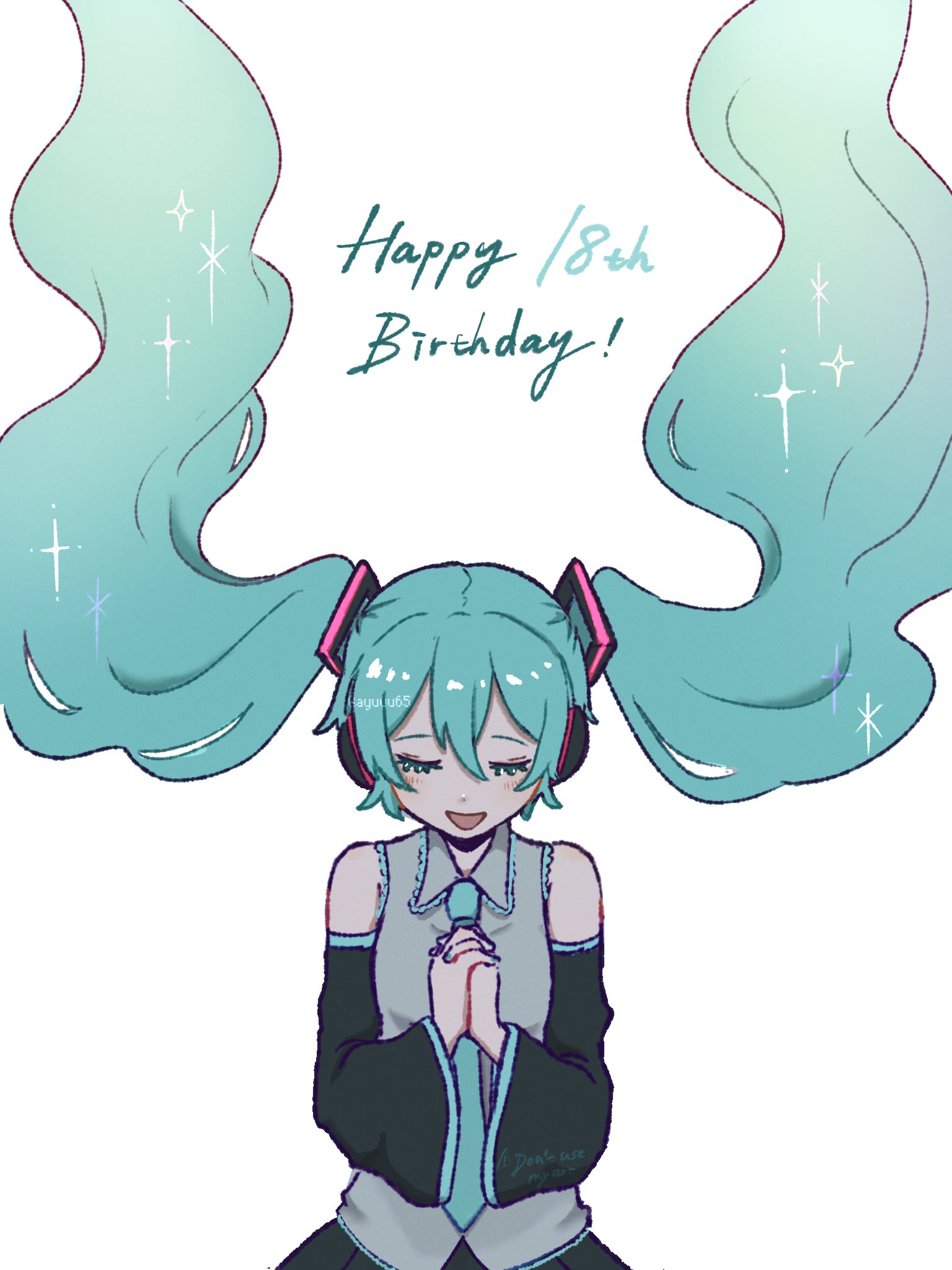 ayuuu65, hatsune miku, vocaloid, highres, 1girl, aqua eyes, aqua hair, bare shoulders, black skirt, blue necktie, closed eyes, collared shirt, dated, detached sleeves, floating hair, grey shirt, hair between eyes, half-closed eyes, happy birthday, headphones, interlocked fingers, long hair, necktie, open mouth, own hands clasped, own hands together, pleated skirt, shirt, simple background, skirt, sleeveless, sleeveless shirt, smile, solo, sparkle, twintails, very long hair, white background