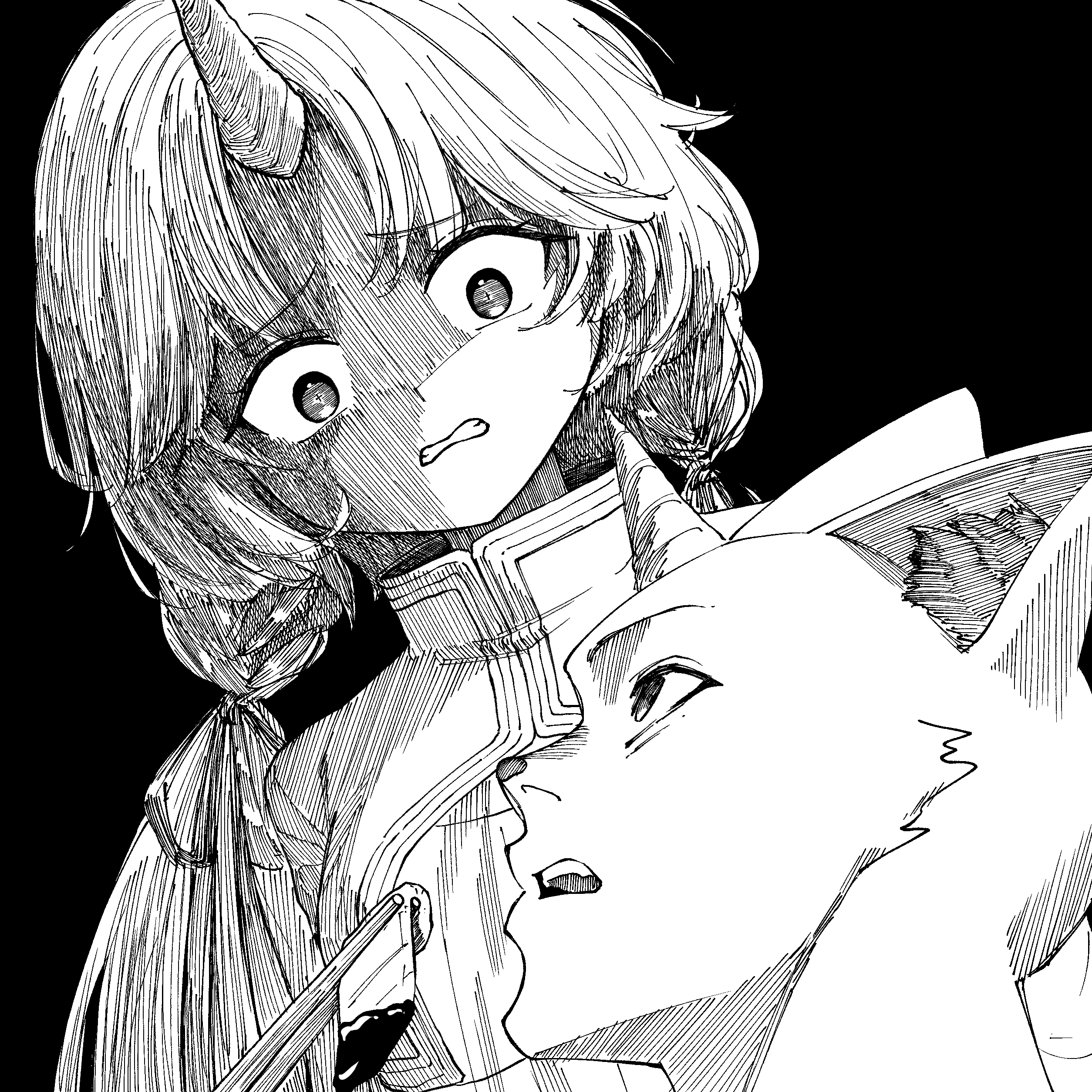 ayatsuno yuni, stellive, absurdres, commentary request, highres, korean commentary, 1boy, 1girl, animal ears, arnyang (ayatsuno yuni), cat ears, chopsticks, collared shirt, feeding, food, greyscale, grimace, long hair, looking at another, looking down, looking up, monochrome, open mouth, paki (rktvkzl1214), personification, raised inner eyebrows, shaded face, shirt, sideways mouth, star-shaped pupils, star (symbol), symbol-shaped pupils, twintails, unicorn horn, virtual youtuber