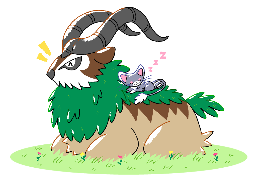gotchibam, glameow, gogoat, nintendo, pokemon, commentary, commission, english commentary, ko-fi commission, ^^^, animal focus, cat, closed eyes, gen 4 pokemon, gen 6 pokemon, goat, grass, no humans, pokemon (creature), pokemon focus, simple background, sleeping, white background, zzz