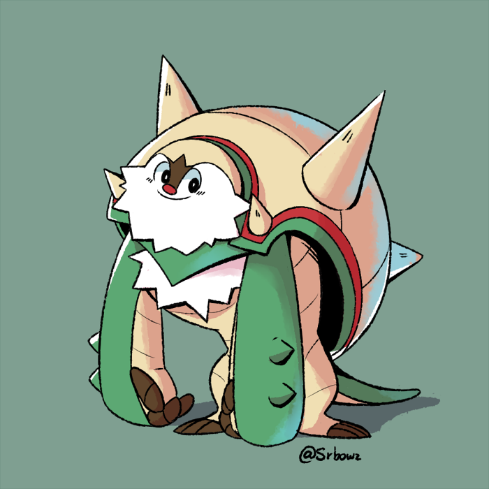 chesnaught, nintendo, pokemon, commentary, english commentary, 1other, artist name, blush, gen 6 pokemon, green background, looking at viewer, no humans, pokemon (creature), shell, smile, spiked shell, srbowz, tail