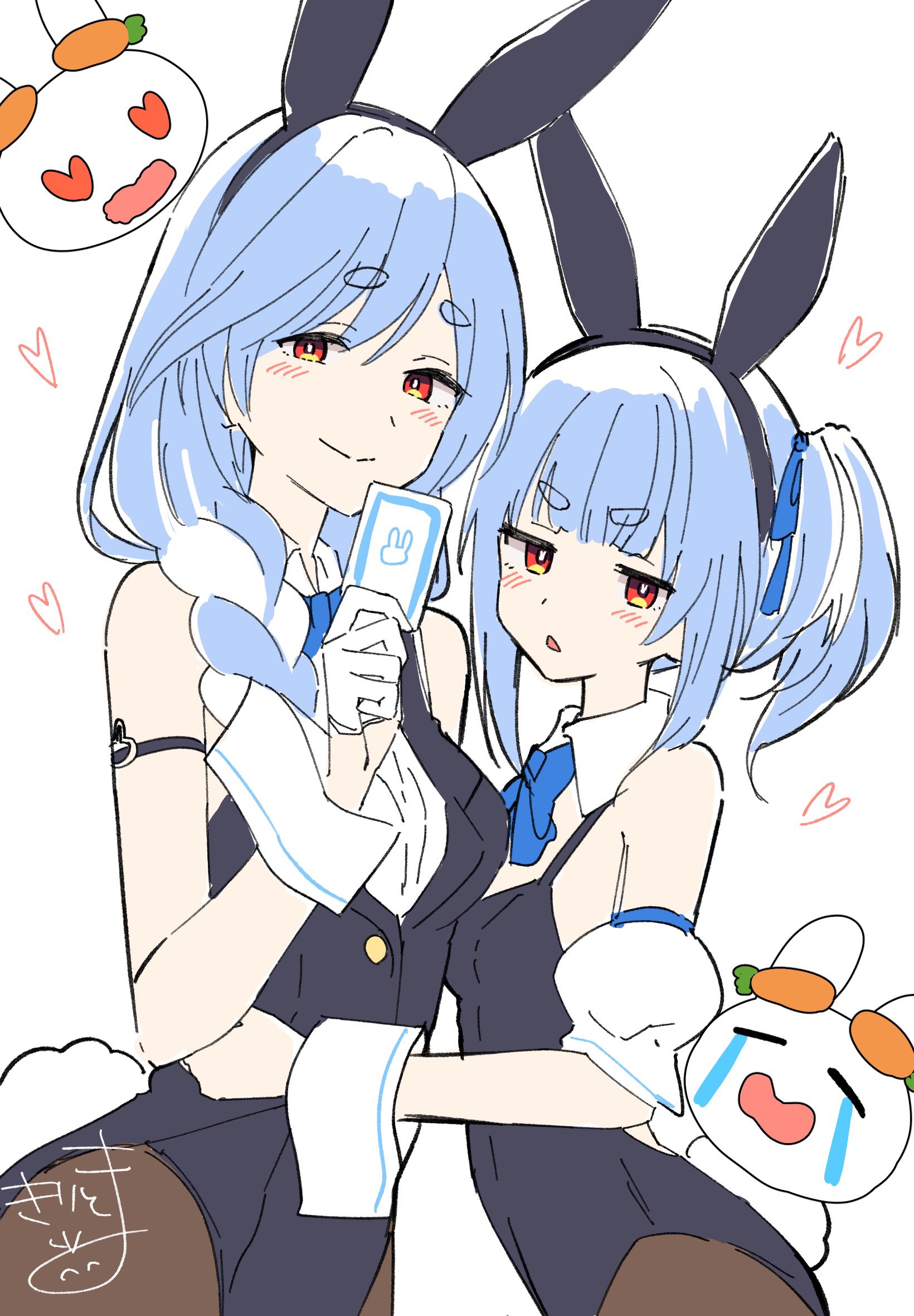 kiritoma, don-chan (usada pekora), pekomama, pekomon (usada pekora), usada pekora, hololive, commentary request, highres, 2girls, :<, animal ears, bare shoulders, black hairband, black leotard, black vest, blue hair, blush, braid, brown pantyhose, card, closed eyes, closed mouth, crying, detached sleeves, fake animal ears, gloves, hair over shoulder, hairband, half gloves, hand up, heart, heart-shaped eyes, holding, holding card, leotard, looking at viewer, looking to the side, mother and daughter, multicolored hair, multiple girls, pantyhose, parted lips, puffy short sleeves, puffy sleeves, rabbit-shaped pupils, rabbit ears, red eyes, short eyebrows, short sleeves, signature, simple background, single braid, smile, streaming tears, symbol-shaped pupils, tears, thick eyebrows, triangle mouth, twintails, two-tone hair, vest, virtual youtuber, white background, white gloves, white hair, white sleeves, wrist cuffs