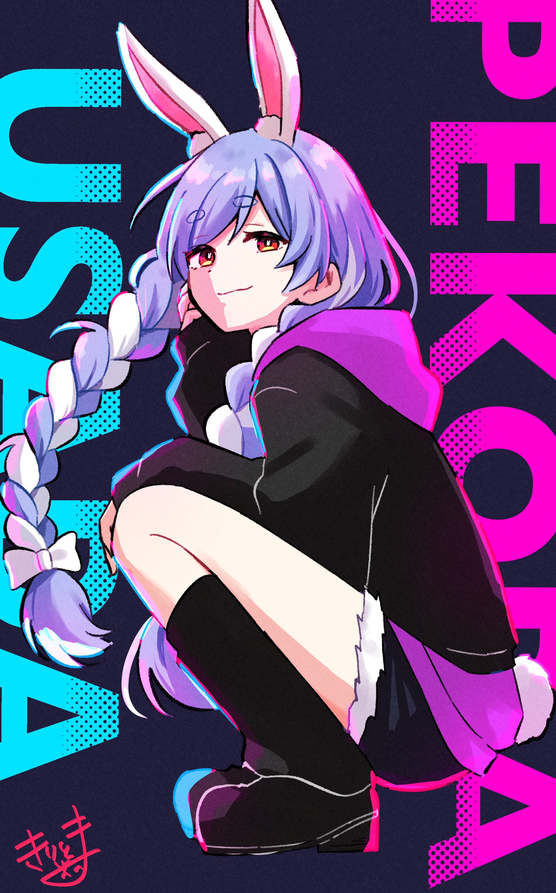 kiritoma, usada pekora, hololive, absurdres, commentary request, highres, 1girl, animal ear fluff, animal ears, black background, black hoodie, black shoes, black shorts, black socks, bow, braid, character name, closed mouth, cutoffs, full body, hair bow, hood, hood down, hoodie, knees up, long hair, long sleeves, looking at viewer, looking to the side, multicolored hair, puffy long sleeves, puffy sleeves, rabbit-shaped pupils, rabbit ears, rabbit girl, rabbit tail, red eyes, shoes, short eyebrows, short shorts, shorts, sleeves past wrists, smile, socks, solo, squatting, symbol-shaped pupils, tail, text background, thick eyebrows, twin braids, twintails, two-tone hair, very long hair, virtual youtuber, white bow, white hair