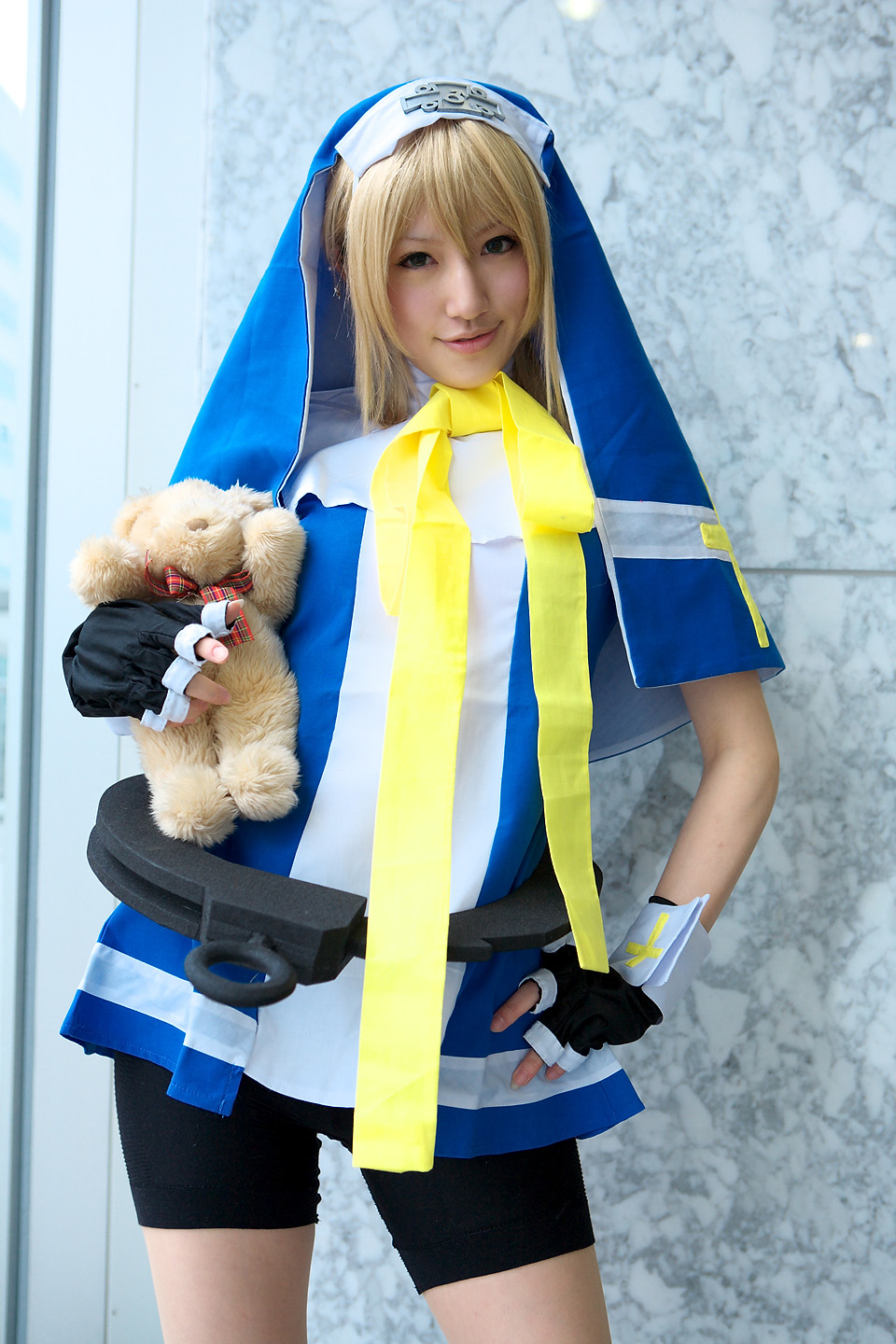saya (cosplayer), bridget (guilty gear), arc system works, guilty gear, highres, photo (medium), cosplay, cross, solo, teddy bear