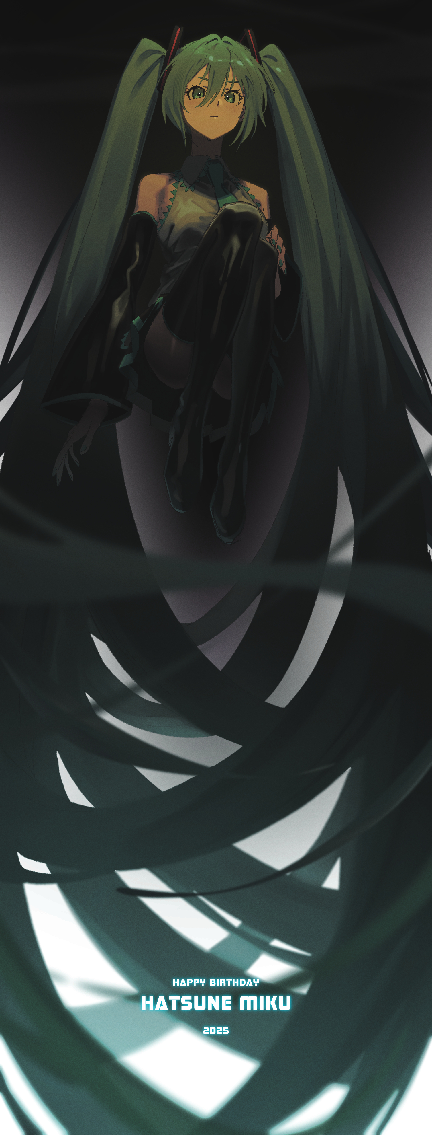 houwashiteiru, hatsune miku, vocaloid, absurdres, commentary request, highres, 1girl, 2025, absurdly long hair, aqua nails, aqua necktie, aqua trim, arm at side, armpit crease, bare shoulders, black background, black boots, black ribbon, black skirt, black sleeves, blurry, blurry foreground, blush, boots, character name, closed mouth, collared shirt, detached sleeves, double-parted bangs, fingernails, floating, from below, full body, gradient background, green eyes, green hair, grey shirt, hair between eyes, hair ribbon, hand on own knee, happy birthday, knees up, long hair, long sleeves, looking at viewer, looking down, miniskirt, nail polish, necktie, pleated skirt, ribbon, shirt, skirt, sleeveless, sleeveless shirt, solo, thigh boots, twintails, upskirt, very long hair, white background, wide sleeves