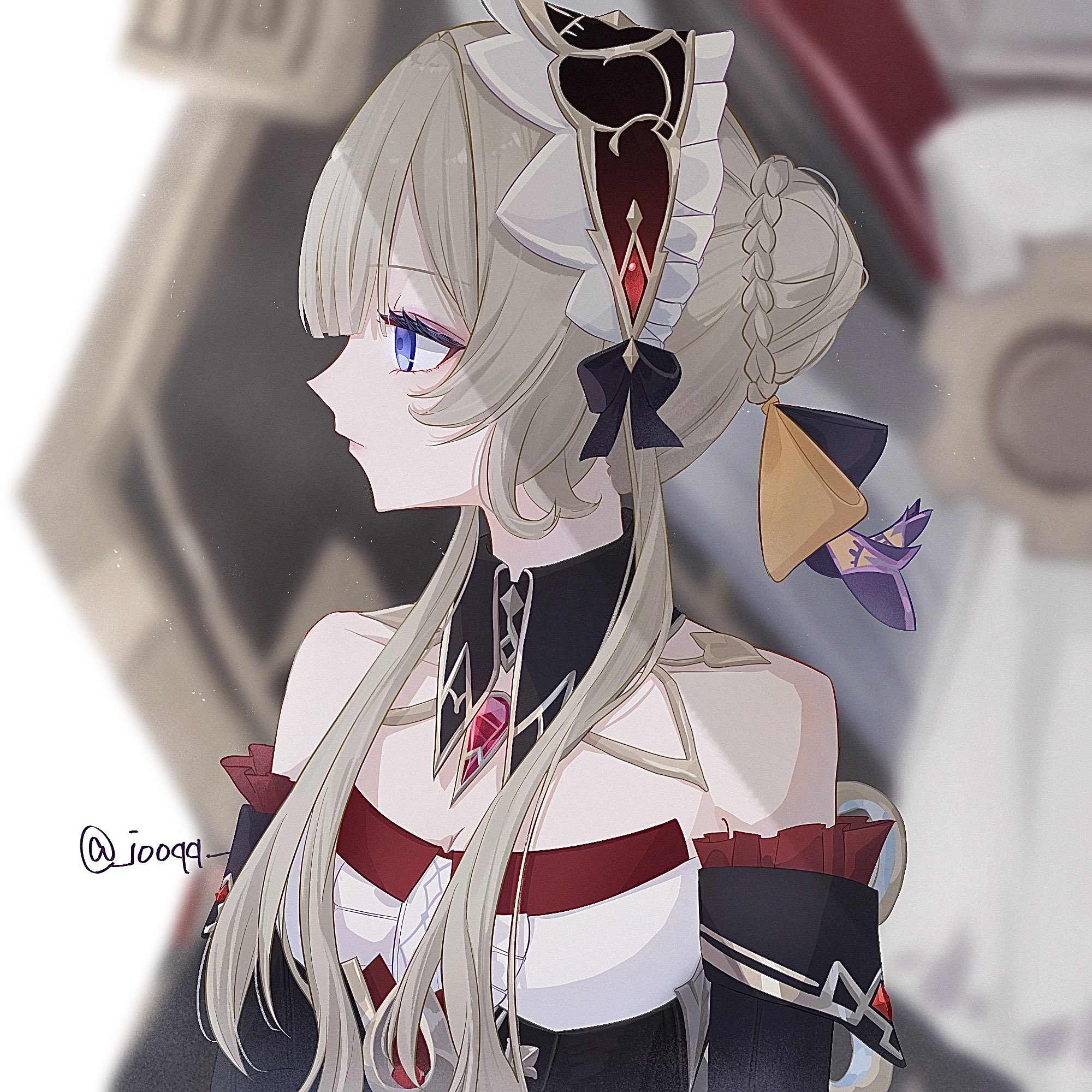 iooqq, sandrone (genshin impact), genshin impact, highres, 1girl, artist name, bare shoulders, black collar, black headdress, black sleeves, blue eyes, blurry, blurry background, brown hair, bun with braided base, collar, detached collar, detached sleeves, gem, hair bun, headdress, long sidelocks, looking to the side, red gemstone, sidelocks, solo, twitter username, upper body, white headdress
