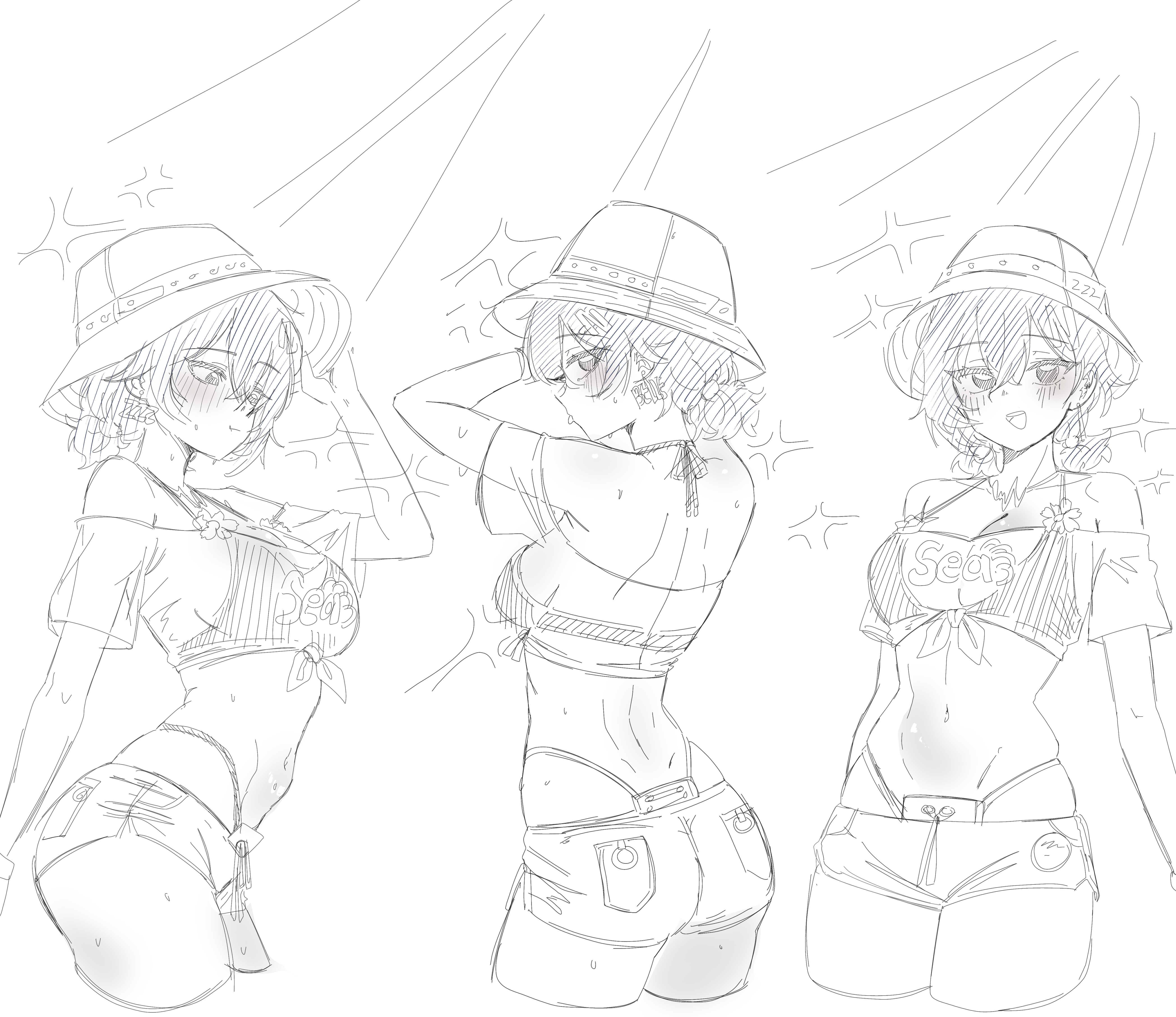 user aupz7532, belle (summer skies) (zenless zone zero), belle (zenless zone zero), zenless zone zero, absurdres, highres, 1girl, ass, bare shoulders, bikini, blush, breasts, cropped legs, greyscale, hat, highleg, looking at viewer, medium breasts, monochrome, multiple views, navel, shirt, short hair, short shorts, shorts, sketch, smile, sweat, swimsuit, tied shirt