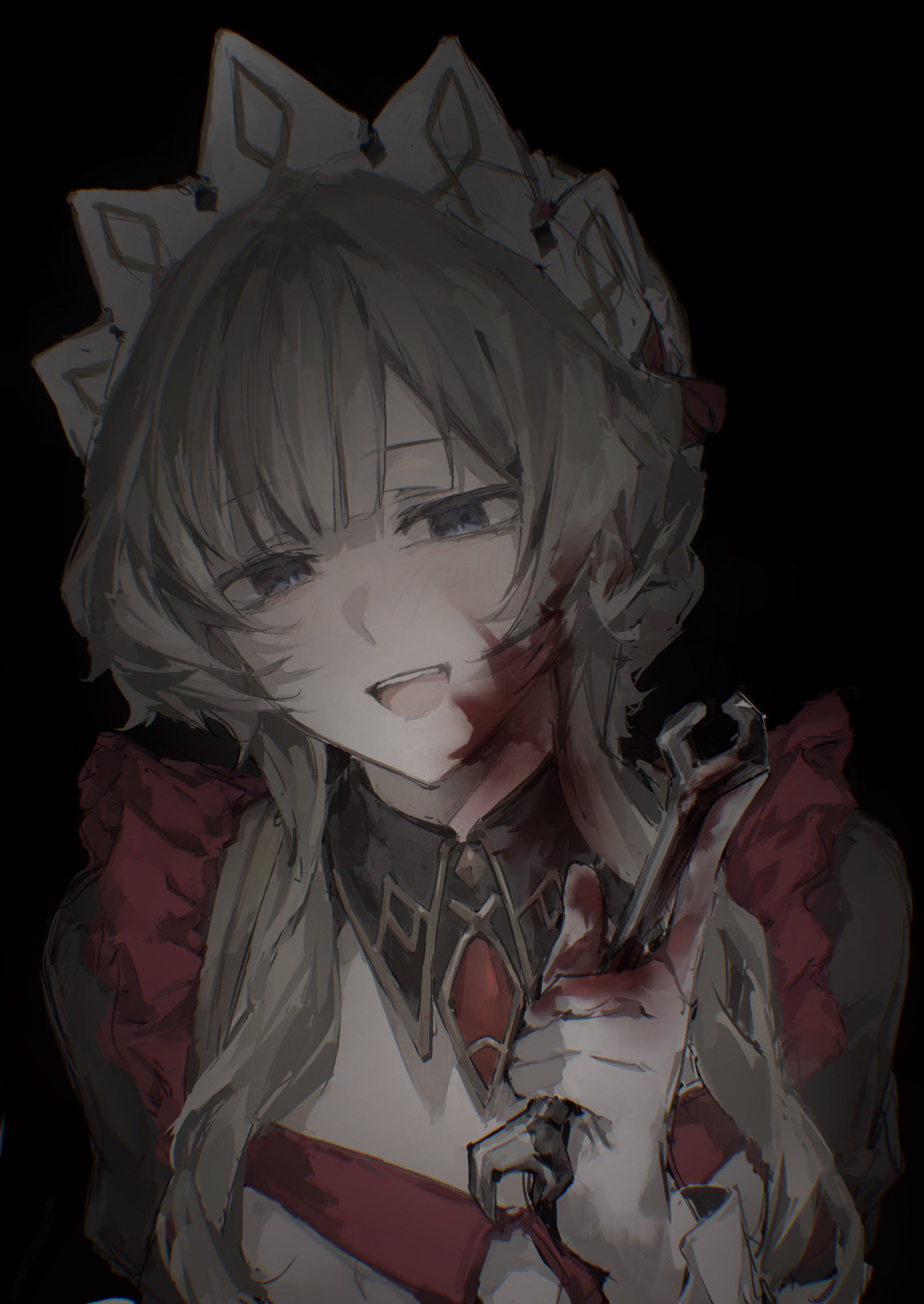 momorin 0808, sandrone (genshin impact), genshin impact, absurdres, highres, 1girl, black background, black collar, blood, blood on face, blue eyes, brown hair, bun with braided base, collar, detached collar, hair bun, headdress, holding, holding wrench, long sidelocks, looking at viewer, open mouth, sidelocks, smile, solo, upper body, white headdress, wrench, yandere