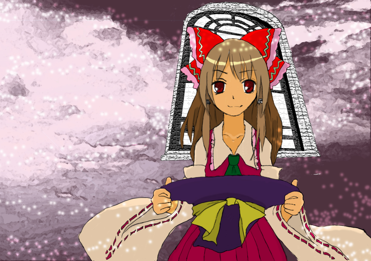hakurei reimu, touhou, bad id, bad pixiv id, 1girl, bad anatomy, female focus, hat, japanese clothes, miko, poorly drawn, ribbon, smile, solo