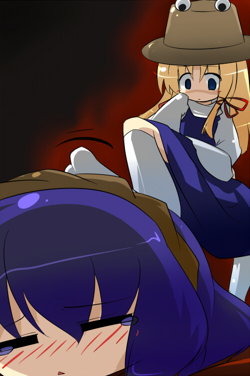 oka (bananashoe), moriya suwako, yasaka kanako, touhou, 2girls, female focus, gradient background, hat, multiple girls, skirt, tears