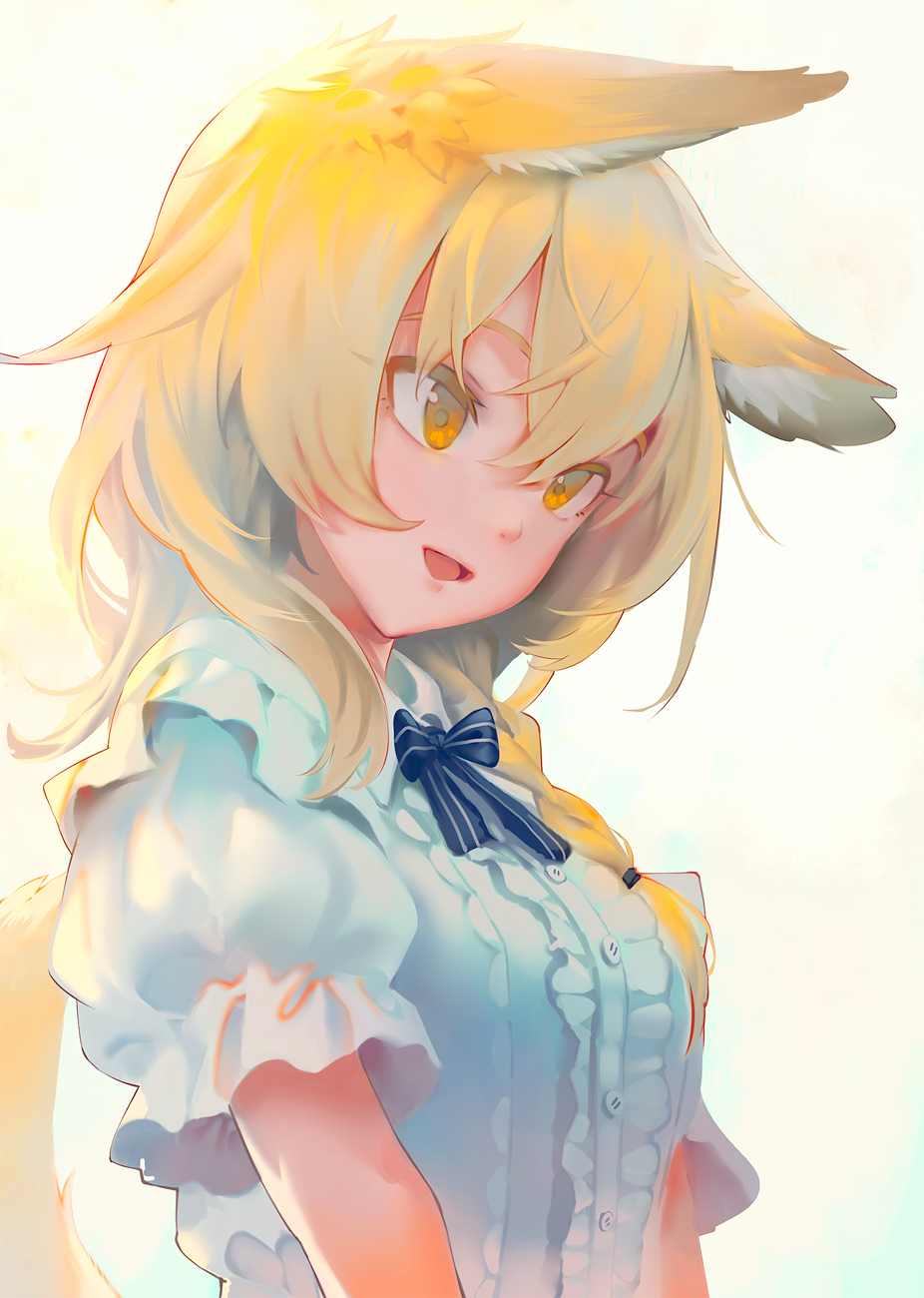 eho (icbm), kirisame marisa, touhou, commentary request, highres, 1girl, animal ear fluff, animal ears, blonde hair, bow, breasts, hair between eyes, kemonomimi mode, long hair, open mouth, orange eyes, puffy short sleeves, puffy sleeves, shirt, short sleeves, simple background, solo, upper body, white shirt