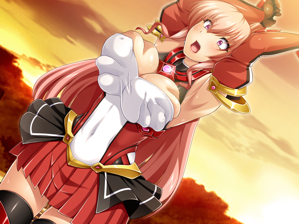 hassen (8cm), exs-tia chevalier, rieszverne suzette paladill, kouyoku senki exs-tia, game cg, large variant set, non-web source, official art, variant set, 1girl, armor, armpits, arms up, black gloves, black thighhighs, blush, breasts, breasts squeezed together, bursting breasts, cleavage, covered erect nipples, covered navel, detached sleeves, dutch angle, exs-tia chevalier (exs-tia 2), gem, gloves, large breasts, long hair, miniskirt, open mouth, outdoors, pink eyes, pink hair, pleated skirt, purple eyes, skindentation, skirt, solo, sunset, surprised, sweat, thighhighs, vambraces, very long hair, zettai ryouiki