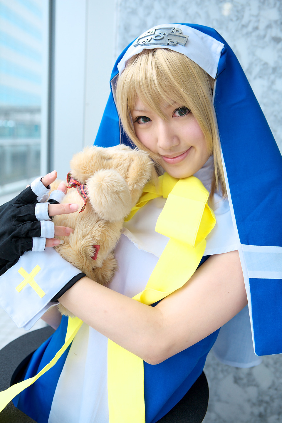saya (cosplayer), bridget (guilty gear), arc system works, guilty gear, highres, photo (medium), blonde hair, cosplay, teddy bear