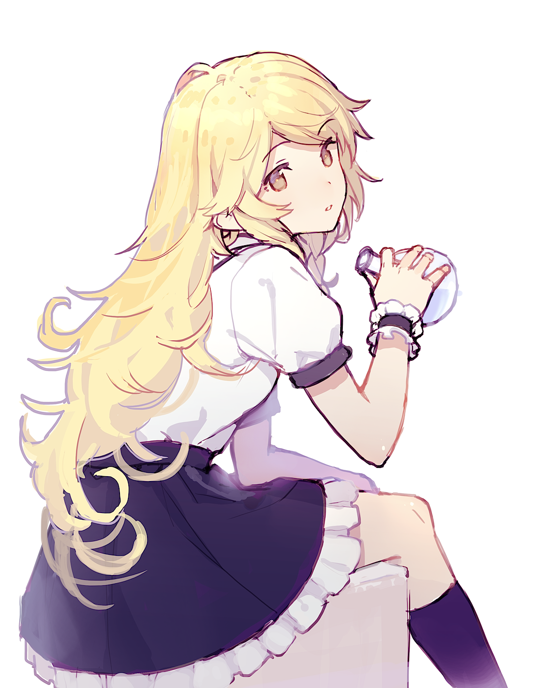 eho (icbm), kirisame marisa, touhou, commentary request, highres, 1girl, black skirt, black socks, blonde hair, brown eyes, flask, frilled skirt, frills, from side, holding, looking at viewer, parted lips, round-bottom flask, shirt, short sleeves, simple background, sitting, skirt, socks, solo, white background, white shirt
