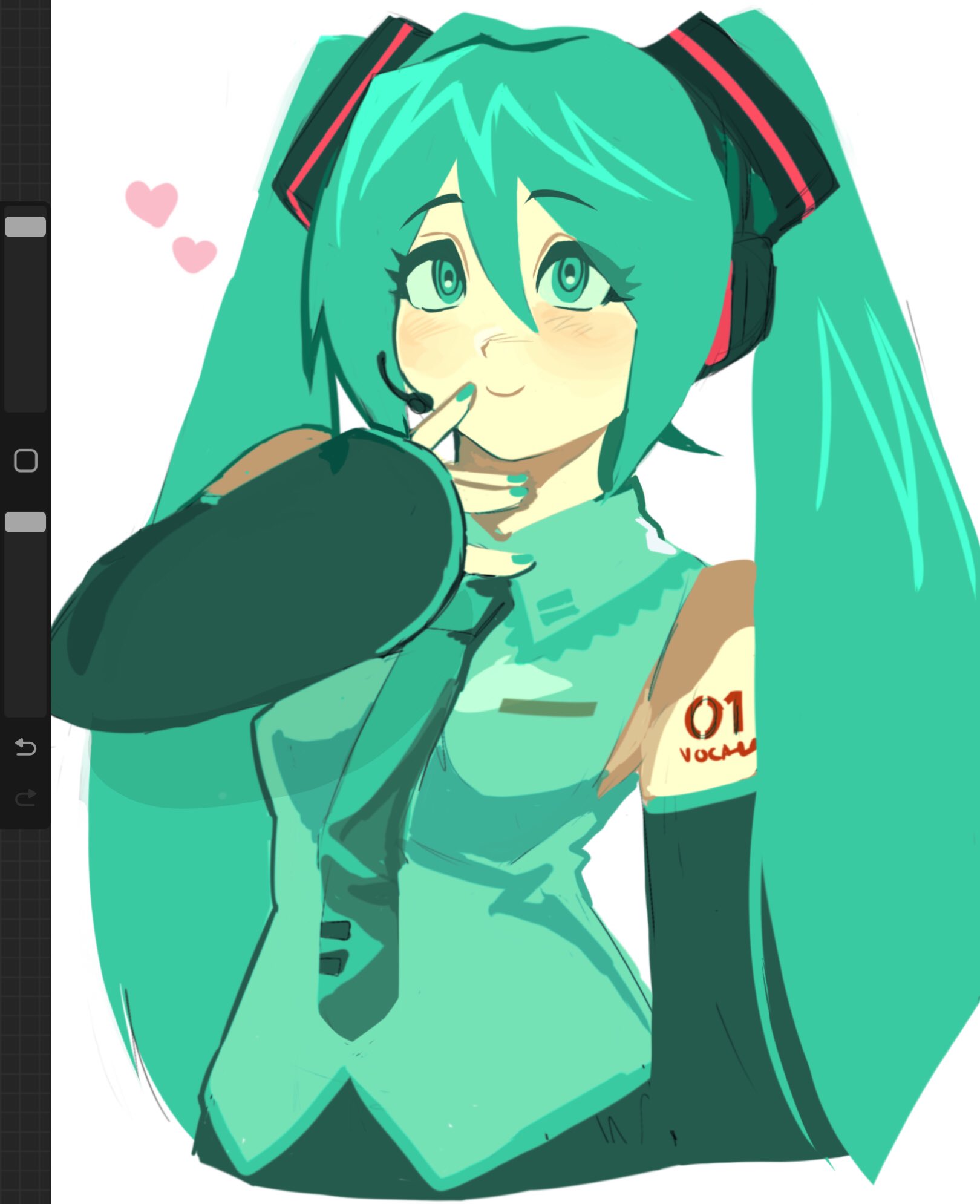 ciel (heartsynth), hatsune miku, vocaloid, highres, 1girl, aqua eyes, aqua hair, aqua nails, aqua necktie, bare shoulders, blush, breasts, closed mouth, collared shirt, detached sleeves, hair between eyes, hand up, headset, heart, long hair, nail polish, necktie, shirt, shoulder tattoo, simple background, sleeveless, sleeveless shirt, smile, solo, tattoo, twintails, upper body, very long hair, white background