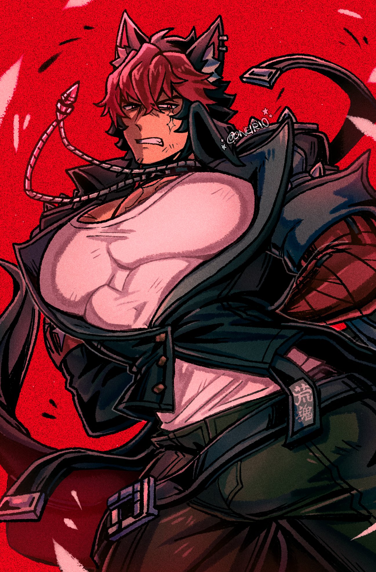oneirio, komano manato, zenless zone zero, commentary, english commentary, highres, 1boy, animal ears, arms behind back, artist name, bara, black jacket, bulge, clenched teeth, dog boy, dog ears, green pants, jacket, jewelry, male focus, multicolored hair, muscular, muscular male, necklace, pants, pectorals, red background, scar, scar across eye, scar on chest, scar on face, shirt, teeth, white shirt
