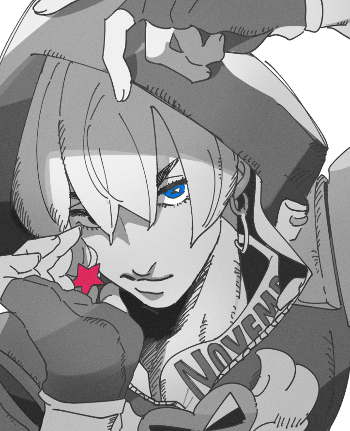 tirauraja, jodio joestar, jojo no kimyou na bouken, the jojolands, commentary request, 1boy, arm up, arms up, blue eyes, closed mouth, earrings, eyelashes, fingerless gloves, fingernails, gloves, greyscale, hair between eyes, hood, hood up, hooded jacket, jacket, jewelry, looking at viewer, male focus, monochrome, parted bangs, piercing, solo, spot color, star (symbol), upper body, white background