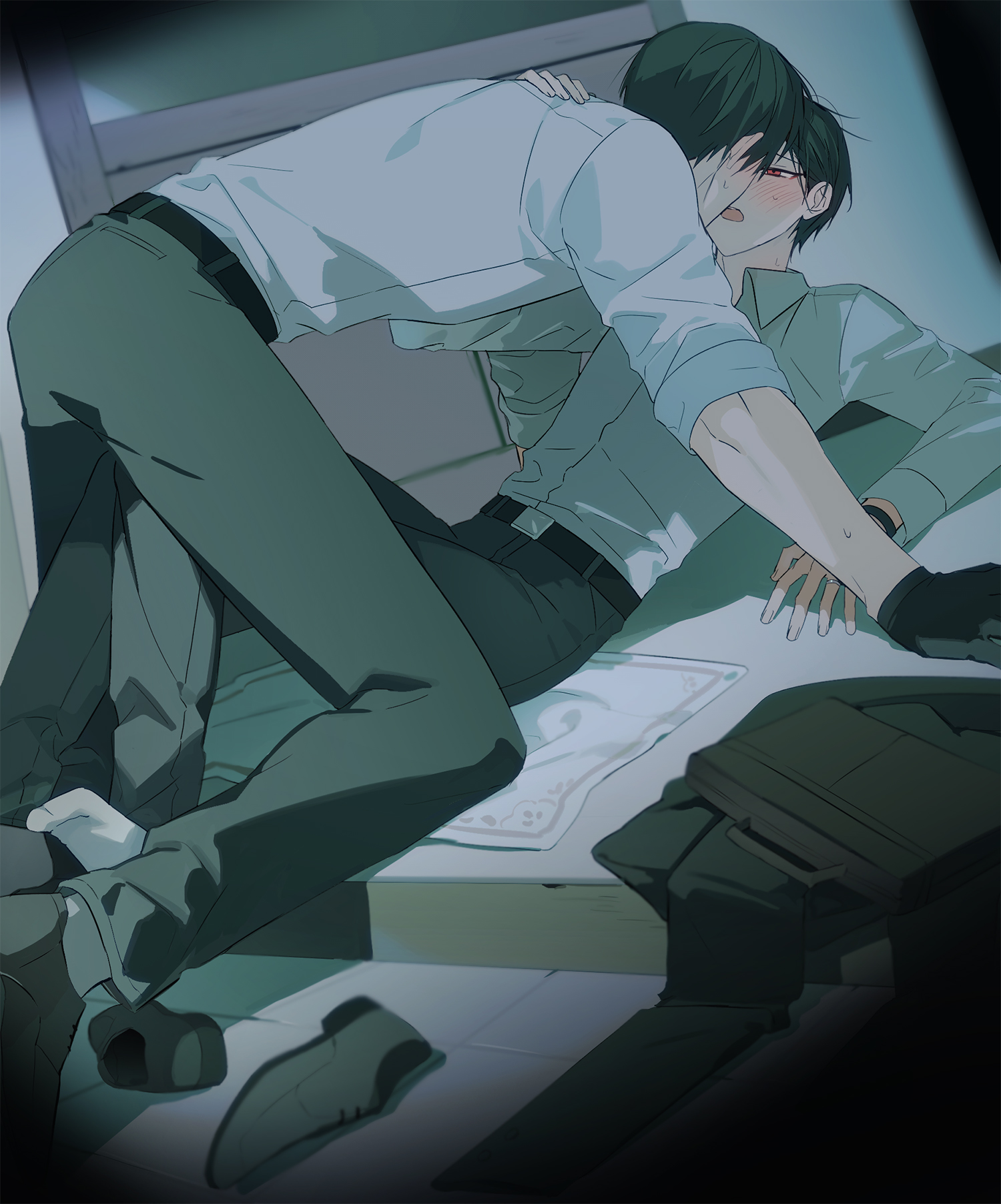 oosaki (ooe), ooe (game), highres, 2boys, ariake (ooe), belt, black belt, black gloves, black hair, black pants, blush, collared shirt, gloves, indoors, jacket, kiss, llikothcihw, lying, male focus, multiple boys, on back, on floor, open mouth, pants, red eyes, shirt, shoes, short hair, sleeves rolled up, socks, tongue, tongue out, unworn jacket, white shirt, yaoi