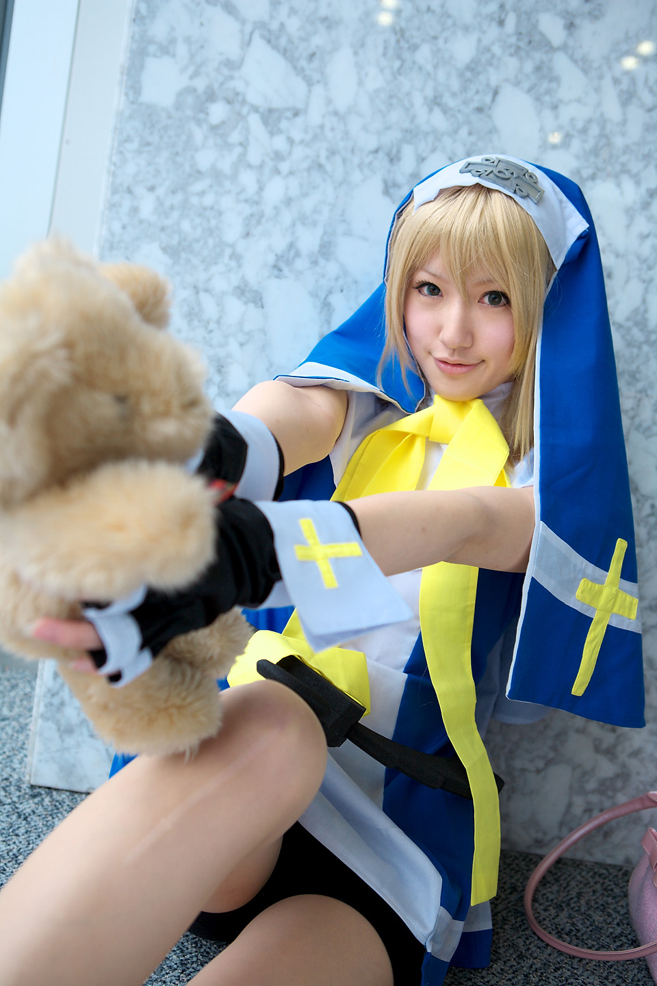 saya (cosplayer), bridget (guilty gear), arc system works, guilty gear, highres, photo (medium), blonde hair, cosplay, teddy bear