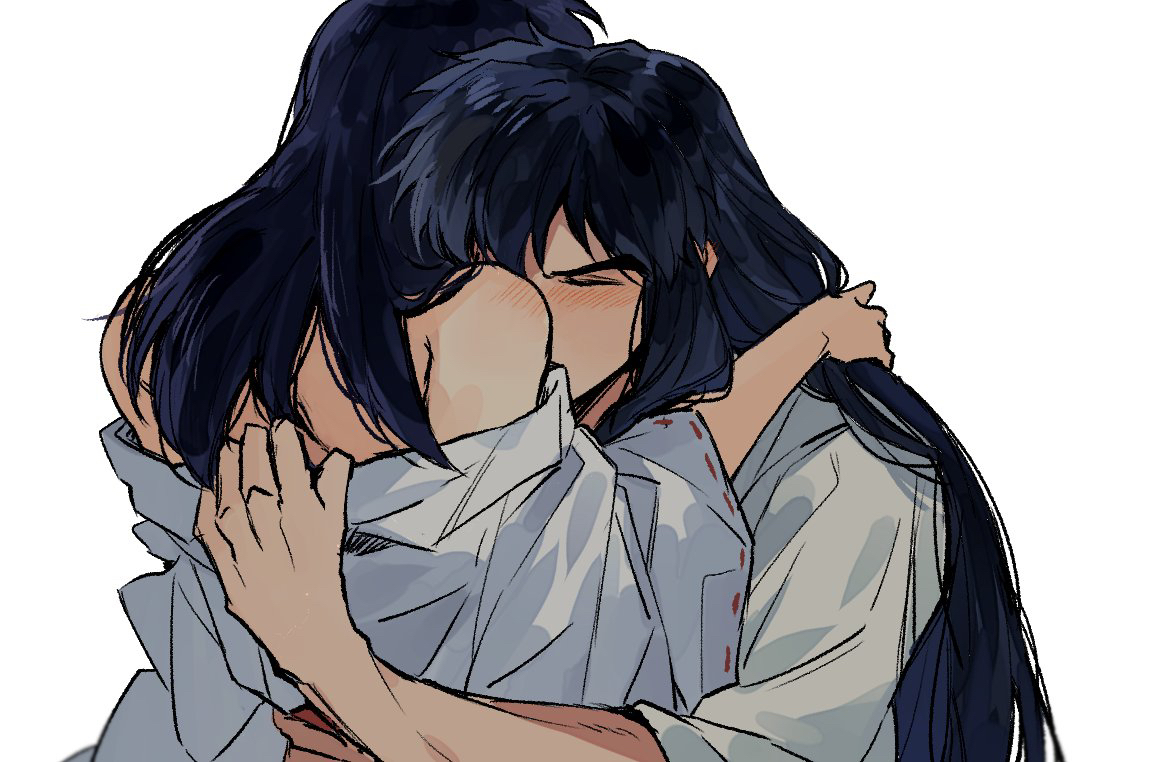 matchi (ginger.8), higurashi kagome, inuyasha (character), inuyasha, 1boy, 1girl, arm support, bishounen, black hair, blush, closed eyes, couple, from behind, hands on another's back, hetero, hug, long hair, off shoulder, official alternate hair color, shirt, shirt partially removed, simple background, three-quarter sleeves, upper body, very long hair, white background, white shirt, wide sleeves