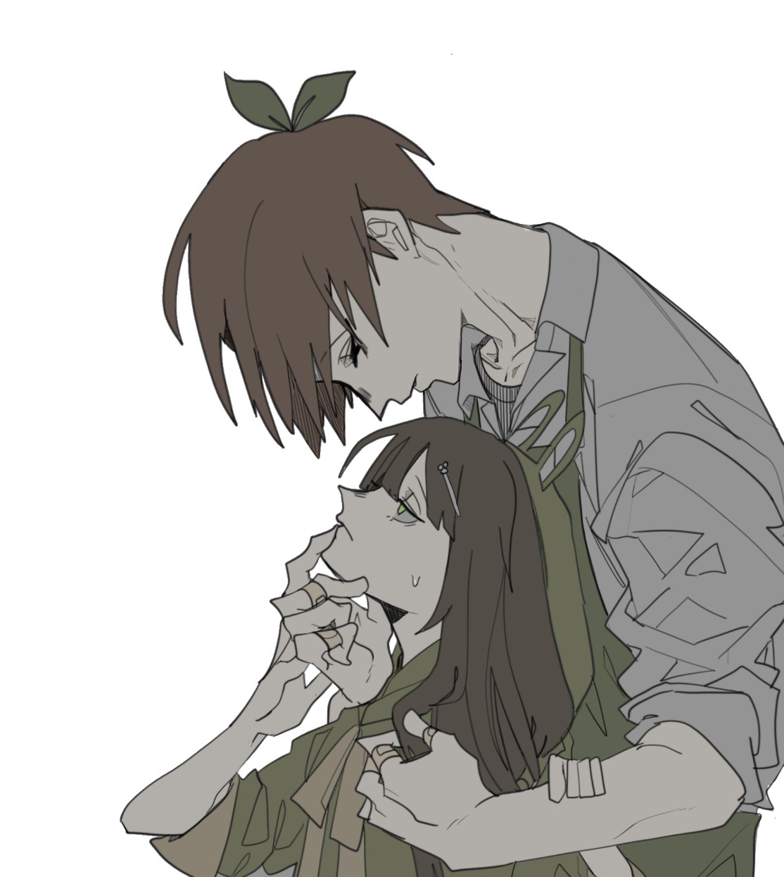 zombie high school, highres, 1boy, 1girl, brown hair, closed mouth, collared shirt, gim geon-u, green eyes, grey shirt, hair ornament, hairclip, height difference, hetero, hood, kimjhonsha22, long hair, looking at another, neck ribbon, ribbon, shirt, short hair, simple background, sleeves rolled up, sweatdrop, upper body, white background, yu ru-mi