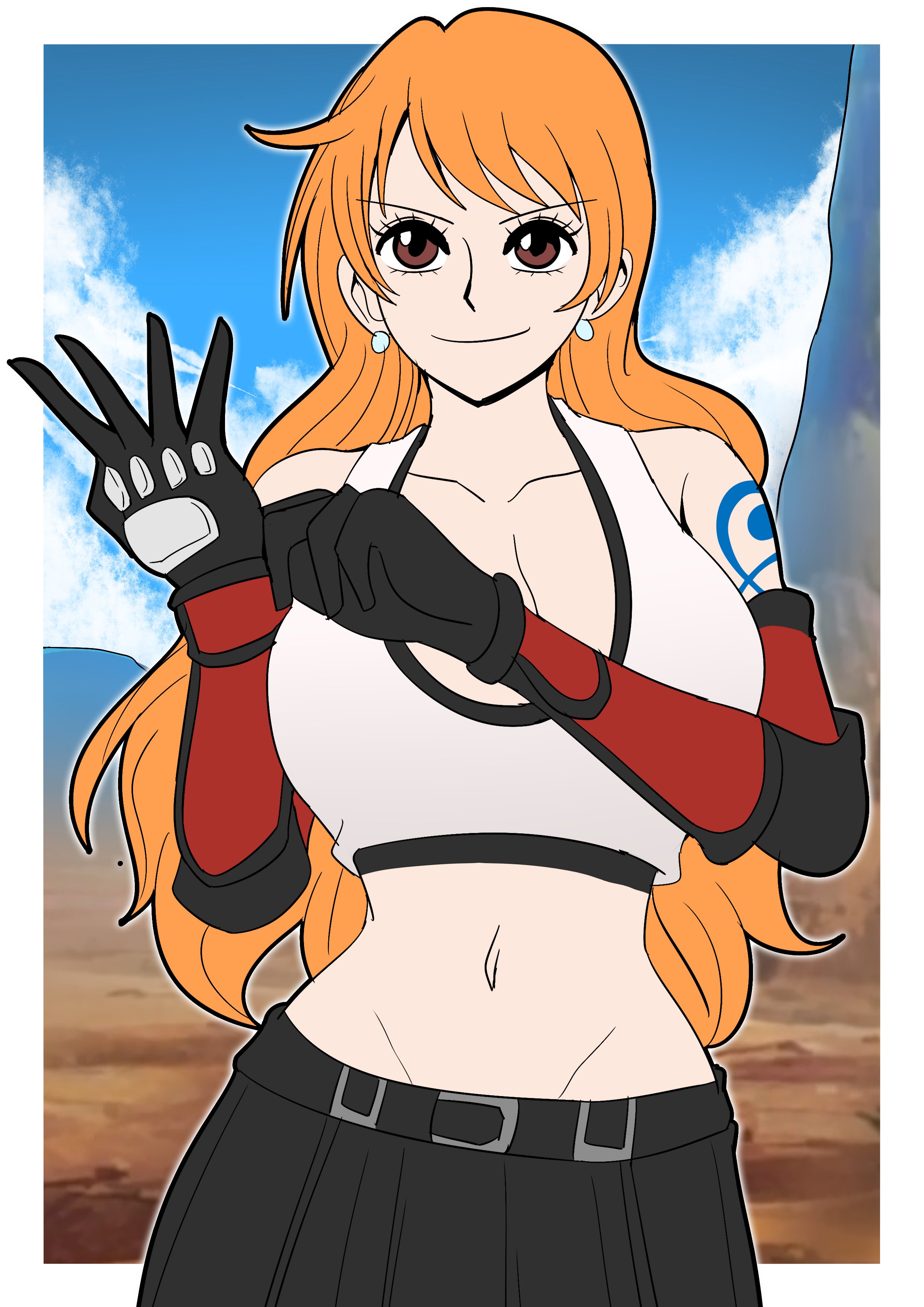 degamishiro, nami (one piece), tifa lockhart, final fantasy, final fantasy vii, final fantasy vii rebirth, final fantasy vii remake, one piece, belt, black skirt, breasts, brown eyes, cleavage, collarbone, cosplay, crop top, elbow gloves, gloves, large breasts, long hair, looking at viewer, midriff, navel, orange hair, shirt, shoulder tattoo, skirt, smile, tattoo, tifa lockhart (cosplay), tomboy, white shirt