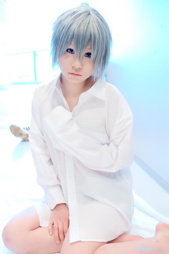 touta miya, akira (togainu no chi), togainu no chi, silver hair, photo (medium), 1girl, asian, barefoot, bottomless, collared shirt, cosplay, dress shirt, female focus, japanese (nationality), looking at viewer, shirt, sitting, solo, white shirt, yokozuwari