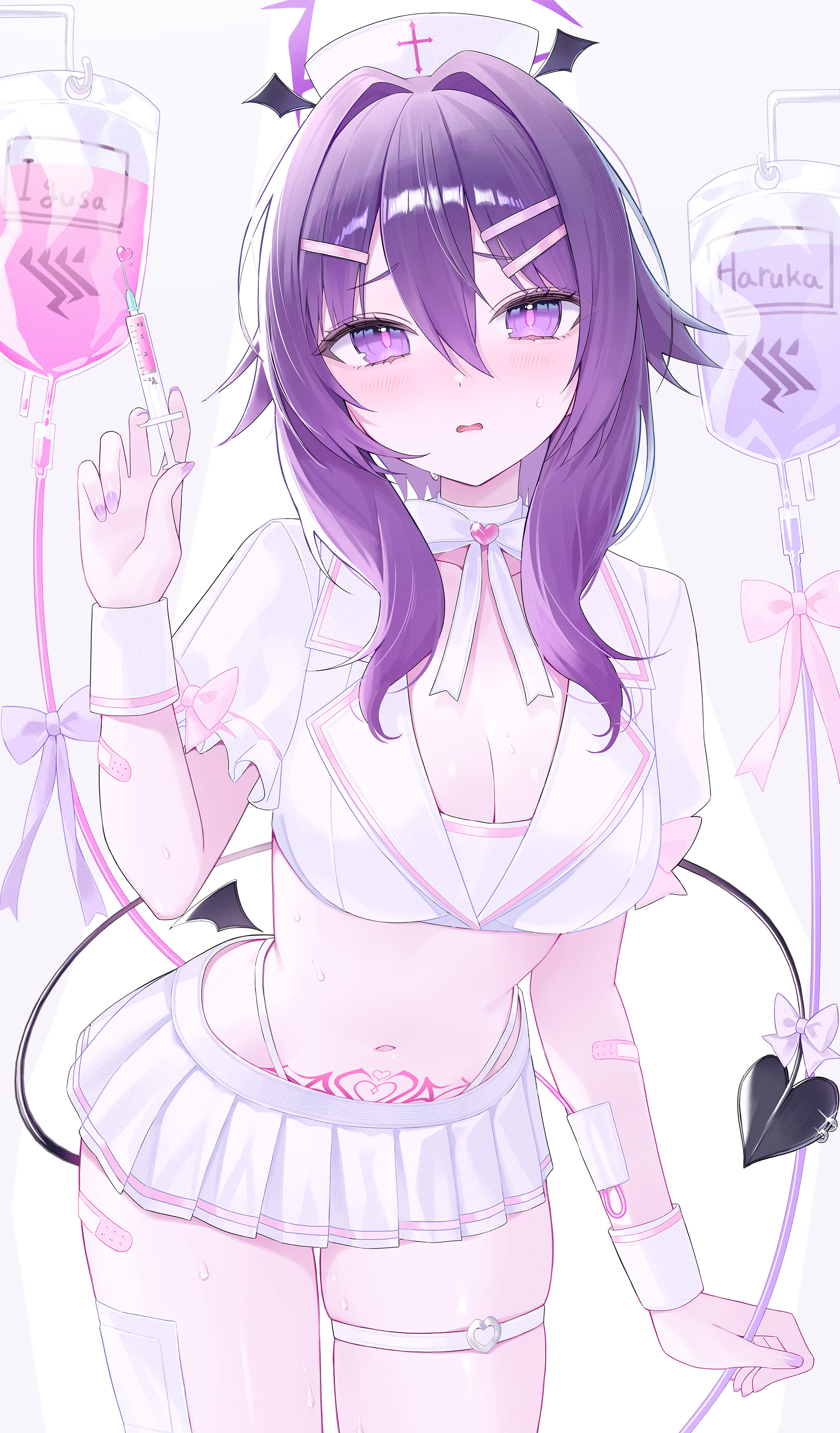 yagen (user mxur3238), haruka (blue archive), blue archive, 1girl, alternate costume, blush, cowboy shot, halo, looking at viewer, miniskirt, purple eyes, purple hair, purple halo, skirt, solo, tattoo, thigh gap