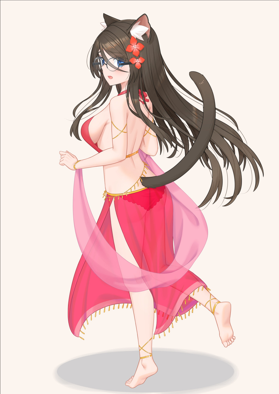 mao lian (nekokao), aina (mao lian), original, highres, 1girl, animal ears, back, barefoot, blue eyes, blush, breasts, brown hair, cat ears, cat girl, cat tail, dancer, flower, glasses, hair flower, hair ornament, harem outfit, large breasts, long hair, looking at viewer, looking to the side, open mouth, tail, tail raised, very long hair, white background